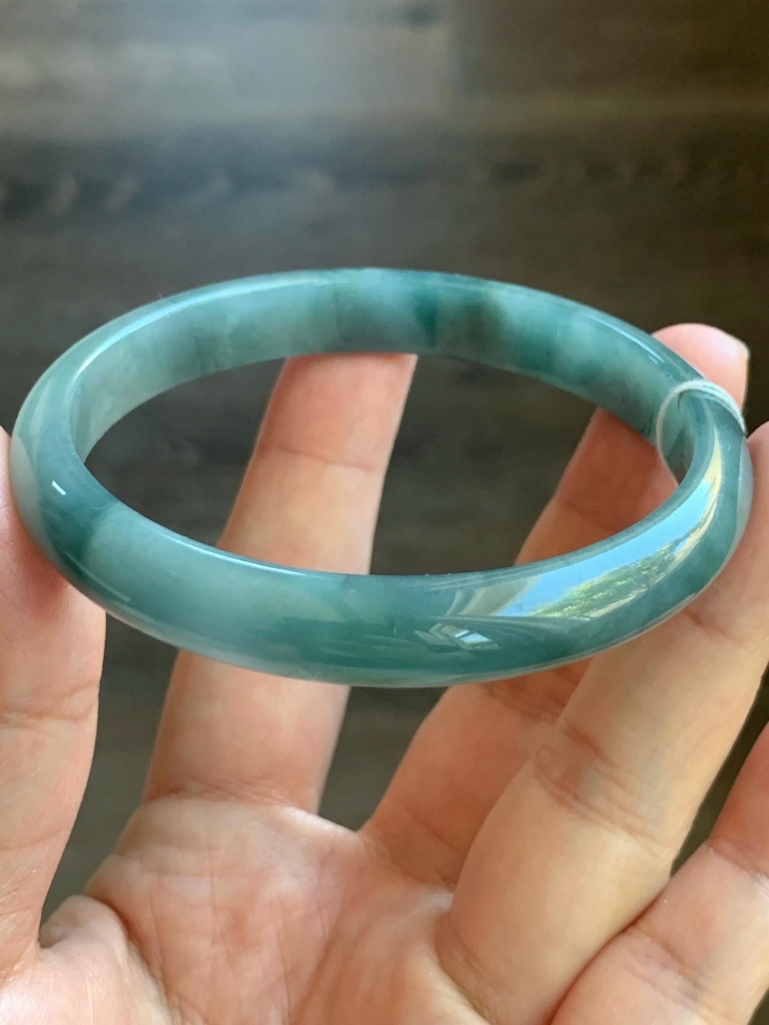 Certified Natural Guatemalan Icy Translucent Dusty Blue Dark Teal Blue Marbled Jadeite Bangle Bracelet 59.5mm 7.25” 33g 天然冰危蓝水飘花翡翠正圈手镯 6904