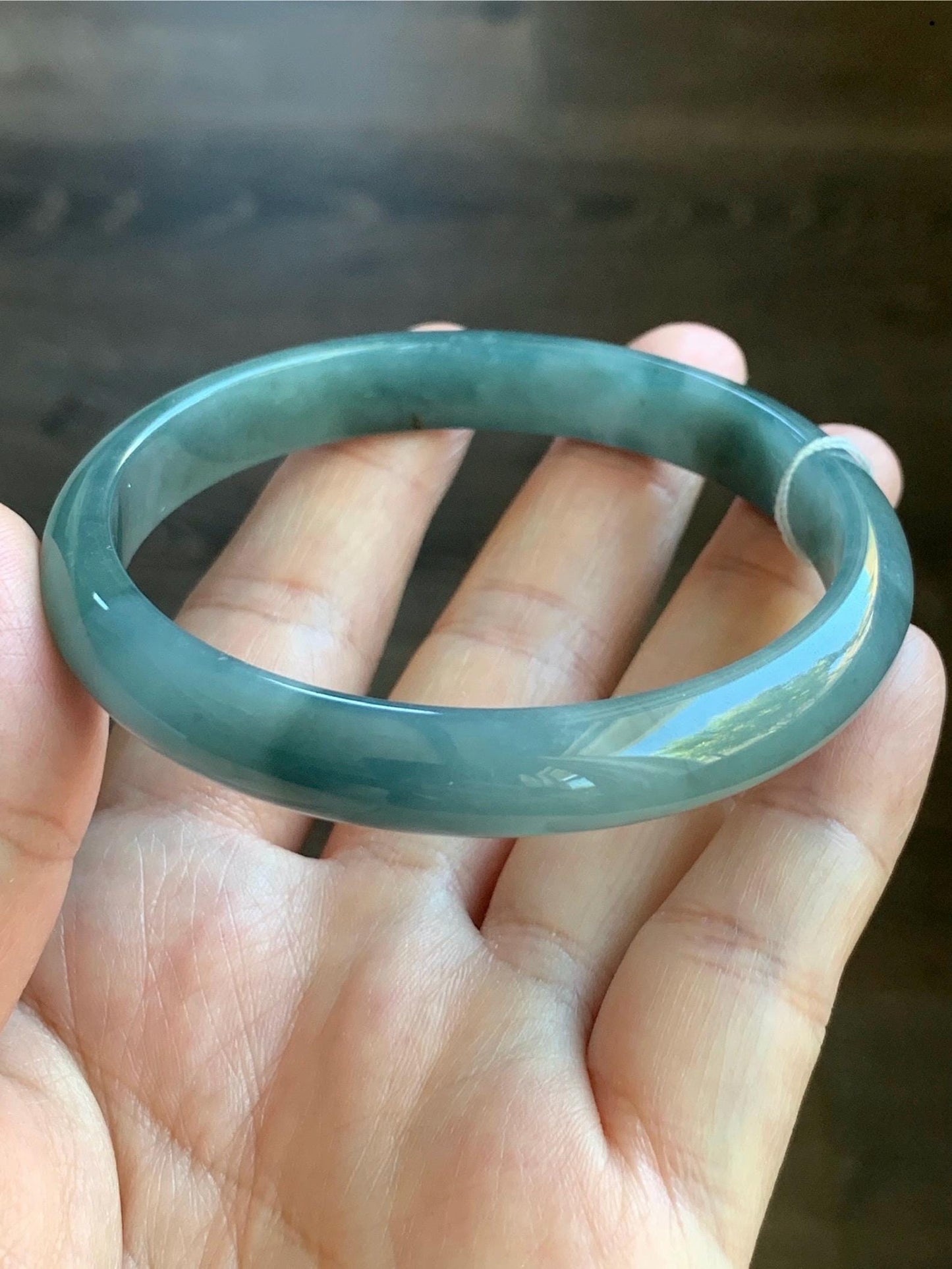 Certified Natural Guatemalan Icy Translucent Dusty Blue Dark Teal Blue Marbled Jadeite Bangle Bracelet 59.5mm 7.25” 33g 天然冰危蓝水飘花翡翠正圈手镯 6904