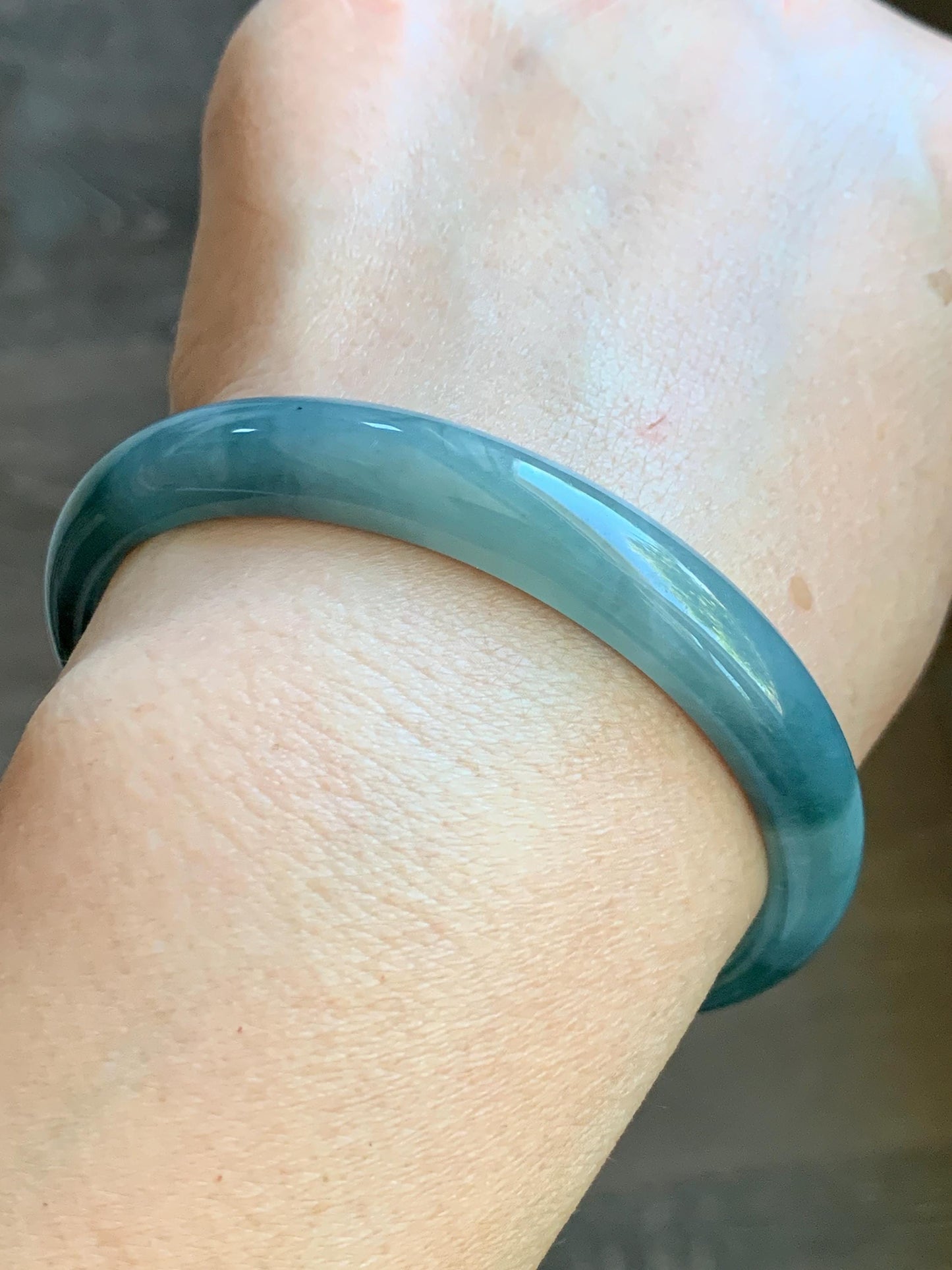 Certified Natural Guatemalan Icy Translucent Dusty Blue Dark Teal Blue Marbled Jadeite Bangle Bracelet 59.5mm 7.25” 33g 天然冰危蓝水飘花翡翠正圈手镯 6904