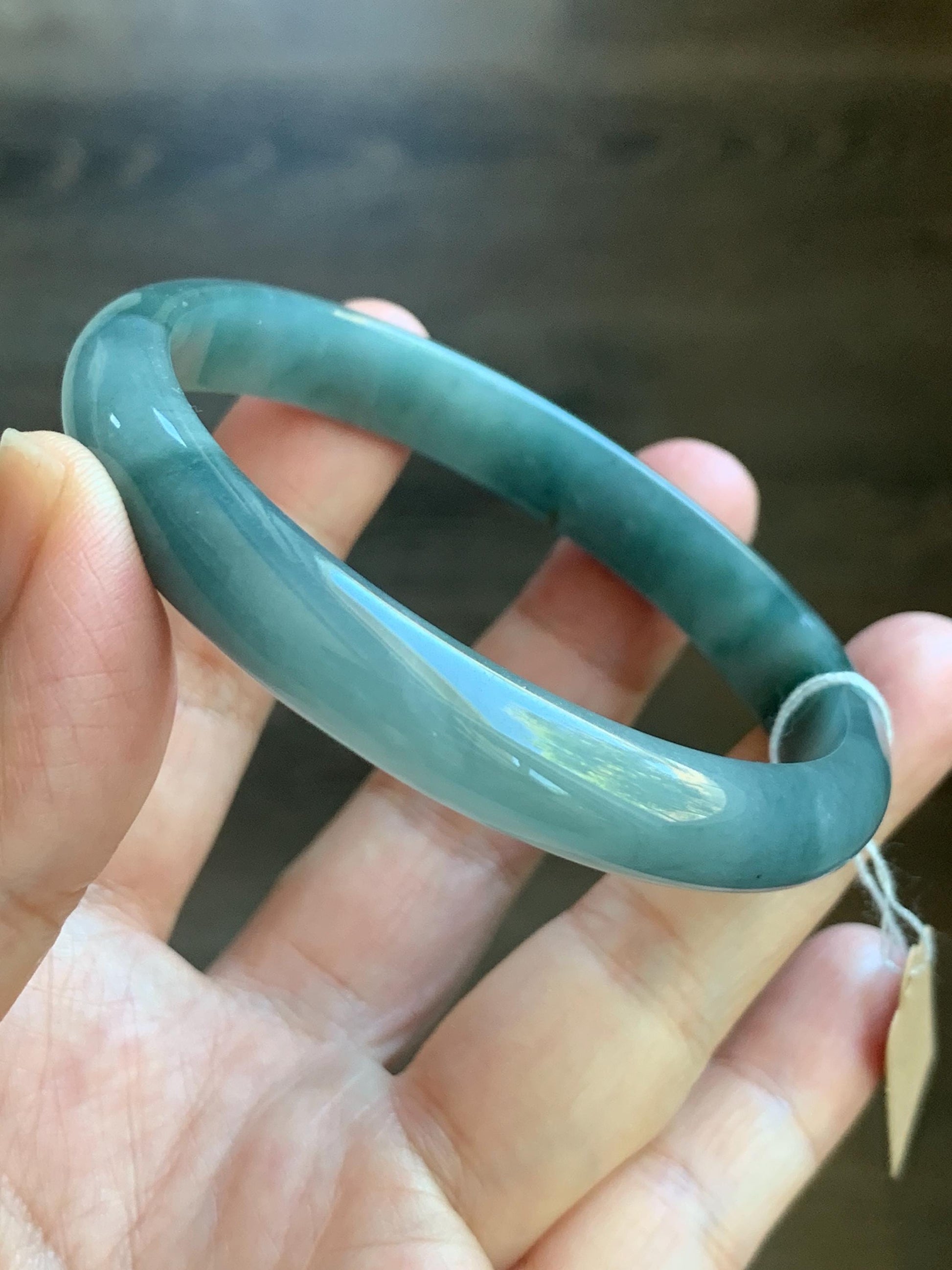 Certified Natural Guatemalan Icy Translucent Dusty Blue Dark Teal Blue Marbled Jadeite Bangle Bracelet 59.5mm 7.25” 33g 天然冰危蓝水飘花翡翠正圈手镯 6904