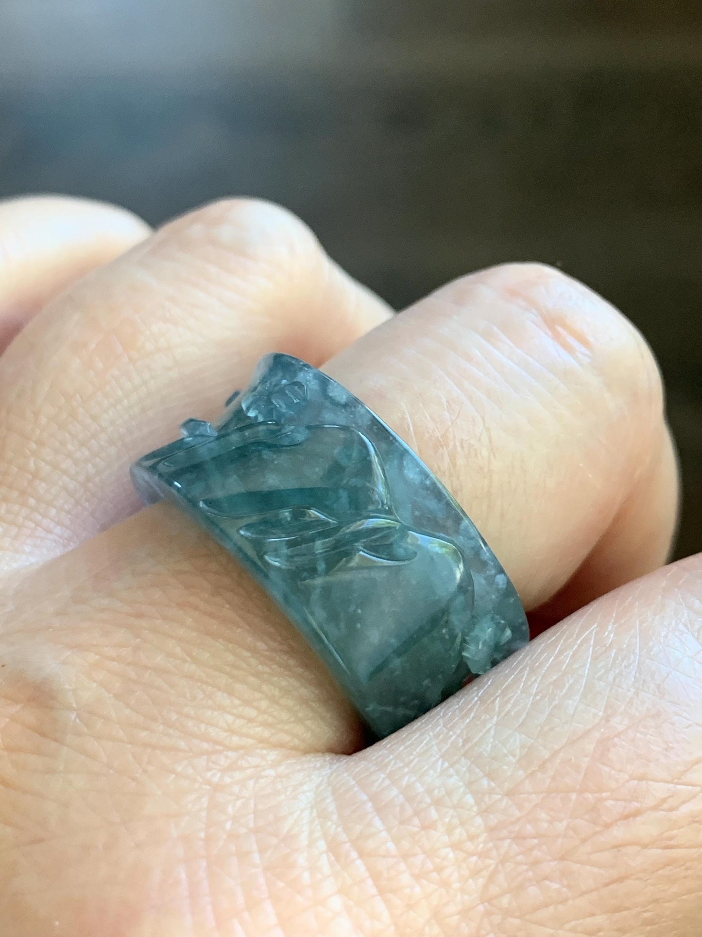 Certified Natural Guatemalan Icy Highly Translucent Dusty Teal Blue Marbled Jadeite Engraved Band Ring Size 10 天然冰危飘蓝花翡翠山水戒圈 6915