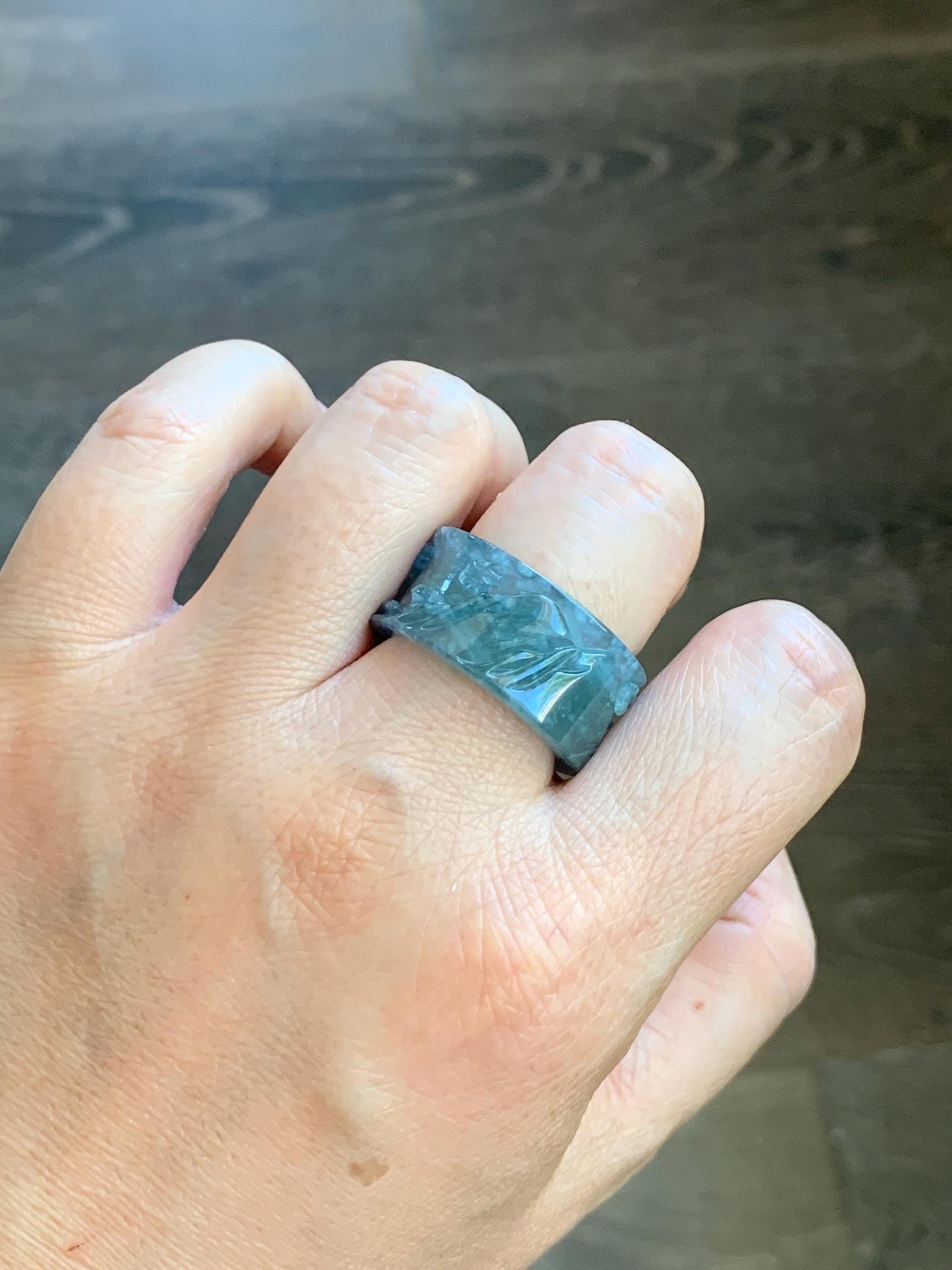 Certified Natural Guatemalan Icy Highly Translucent Dusty Teal Blue Marbled Jadeite Engraved Band Ring Size 10 天然冰危飘蓝花翡翠山水戒圈 6915