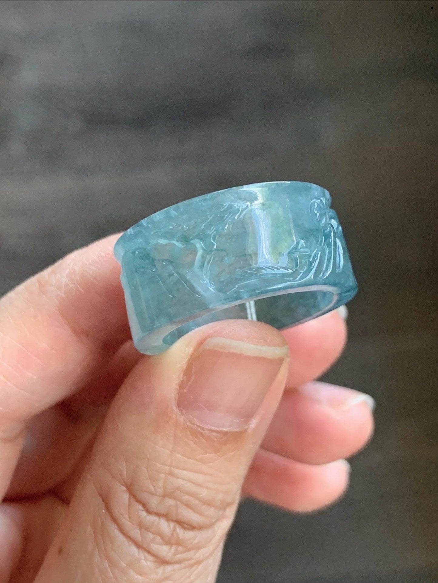 Certified Natural Guatemalan Icy Highly Translucent Dusty Teal Blue Marbled Jadeite Engraved Band Ring Size 10 天然冰危飘蓝花翡翠山水戒圈 6915