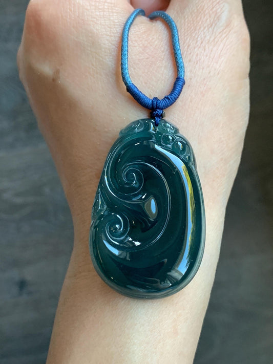 Large Natural Guatemalan Icy Translucent Dark Teal Blue Jadeite Carved Ruyi Pendant Rope Necklace 30" Adjustable 17g 天然冰危湖水蓝翡翠如意吊坠 LSH