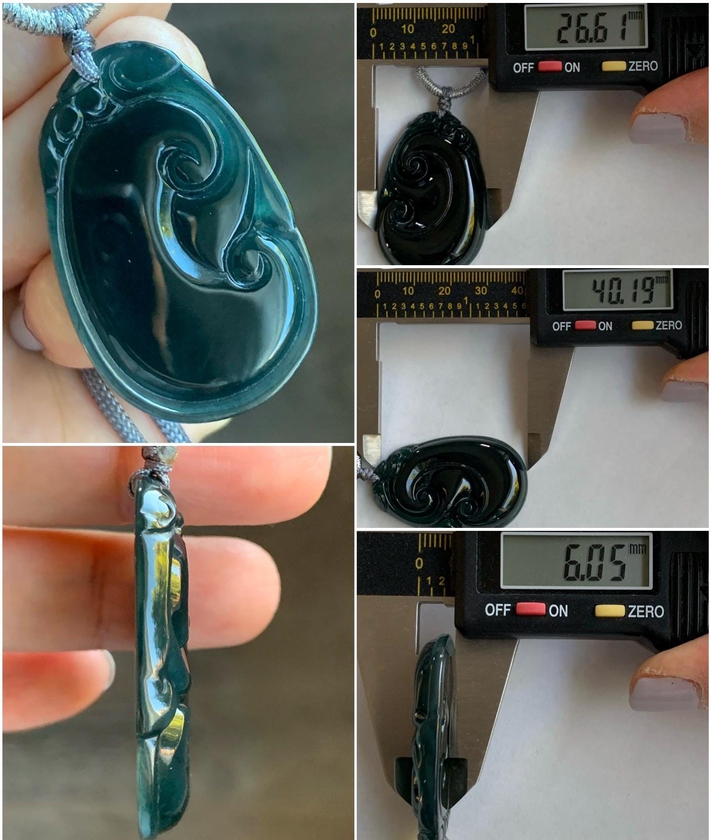 Large Natural Guatemalan Icy Translucent Dark Teal Blue Jadeite Carved Ruyi Pendant Rope Necklace 28" Adjustable 14g 天然冰危湖水蓝翡翠如意吊坠 YSH