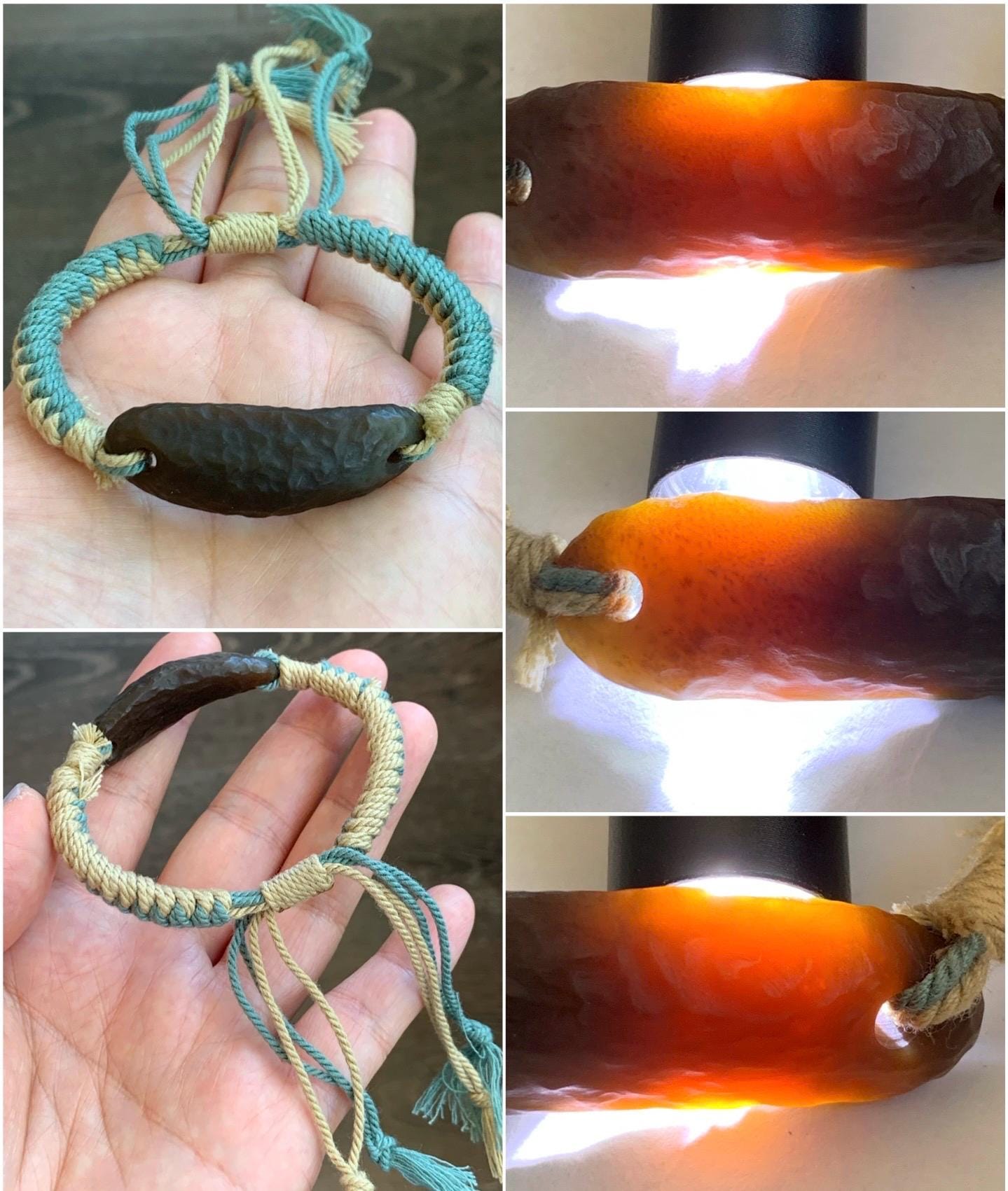 Natural Nephrite Hetian Jade Cuff Rope Bracelet Translucent Dark Caramelized Sugar Adjustable 6.25" 11g 天然焦糖和田玉手牌手绳