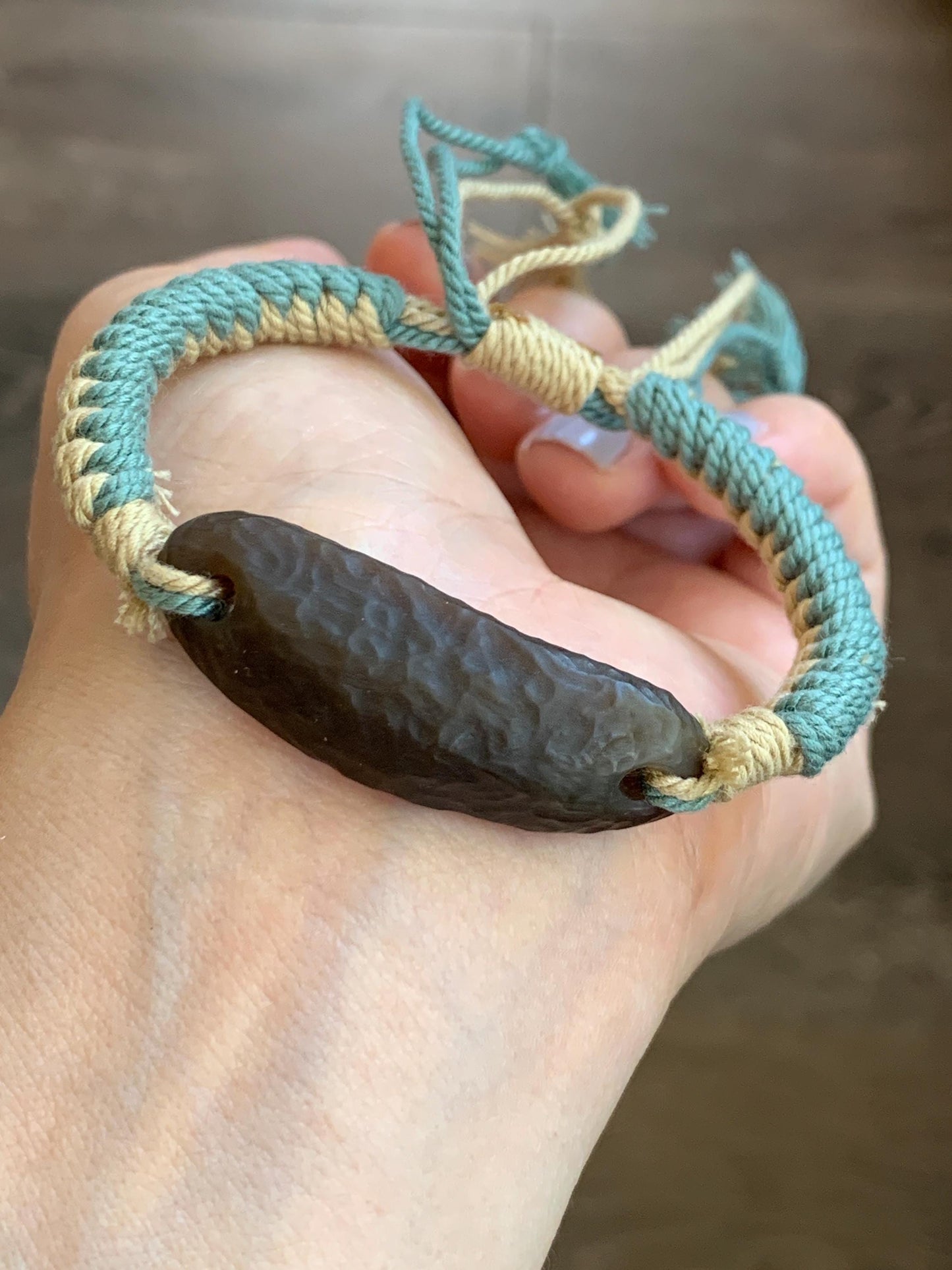 Natural Nephrite Hetian Jade Cuff Rope Bracelet Translucent Dark Caramelized Sugar Adjustable 6.25" 11g 天然焦糖和田玉手牌手绳