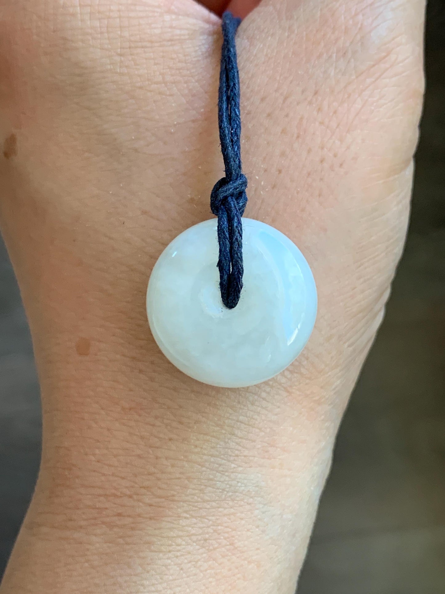 Natural Nephrite Hetian Jade Icy White Translucent Ping An Kou Donut Pendant Rope Necklace Adjustable 29.5" 10g 天然和田玉白玉平安扣项链 C