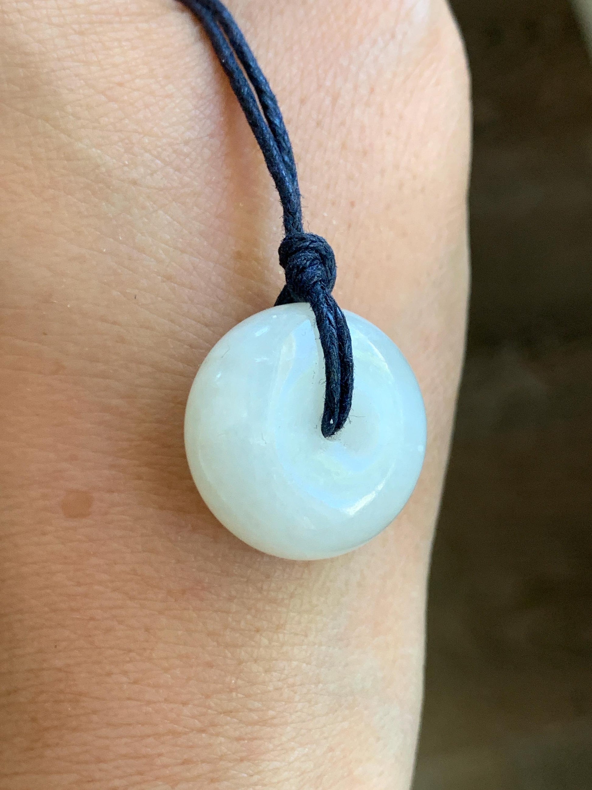 Natural Nephrite Hetian Jade Icy White Translucent Ping An Kou Donut Pendant Rope Necklace Adjustable 29.5" 10g 天然和田玉白玉平安扣项链 C