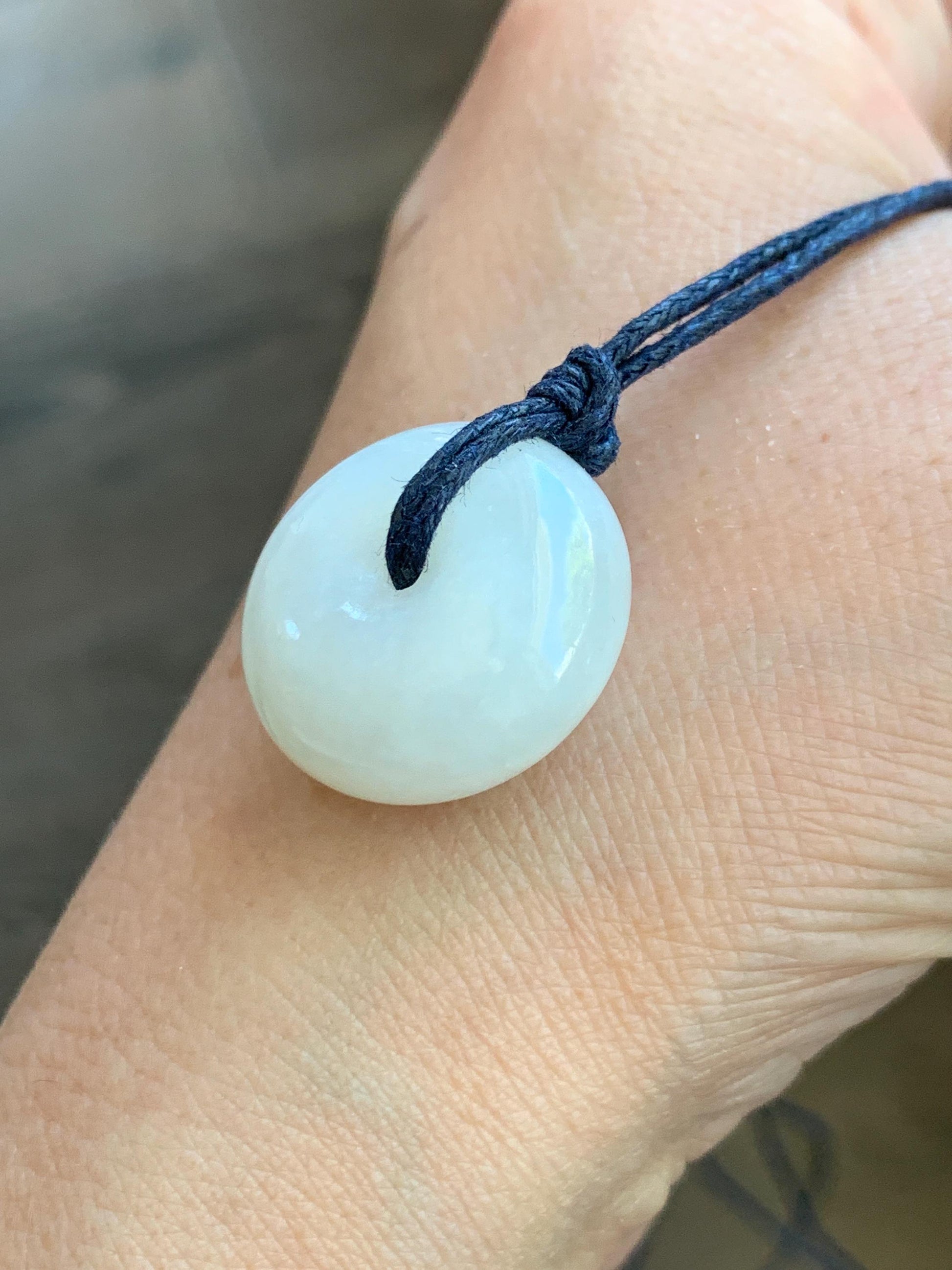 Natural Nephrite Hetian Jade Icy White Translucent Ping An Kou Donut Pendant Rope Necklace Adjustable 29.5" 10g 天然和田玉白玉平安扣项链 C