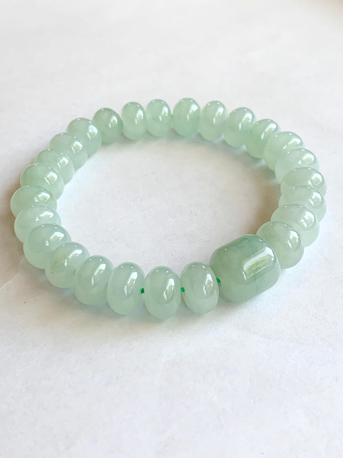 Natural Burmese Icy Translucent Gelatinous Pastel Light Green Large Drum Beads & Barrel Bead Beaded Bracelet 6.5” 32g 天然缅甸晴底翡翠鼓珠手串 DQM617