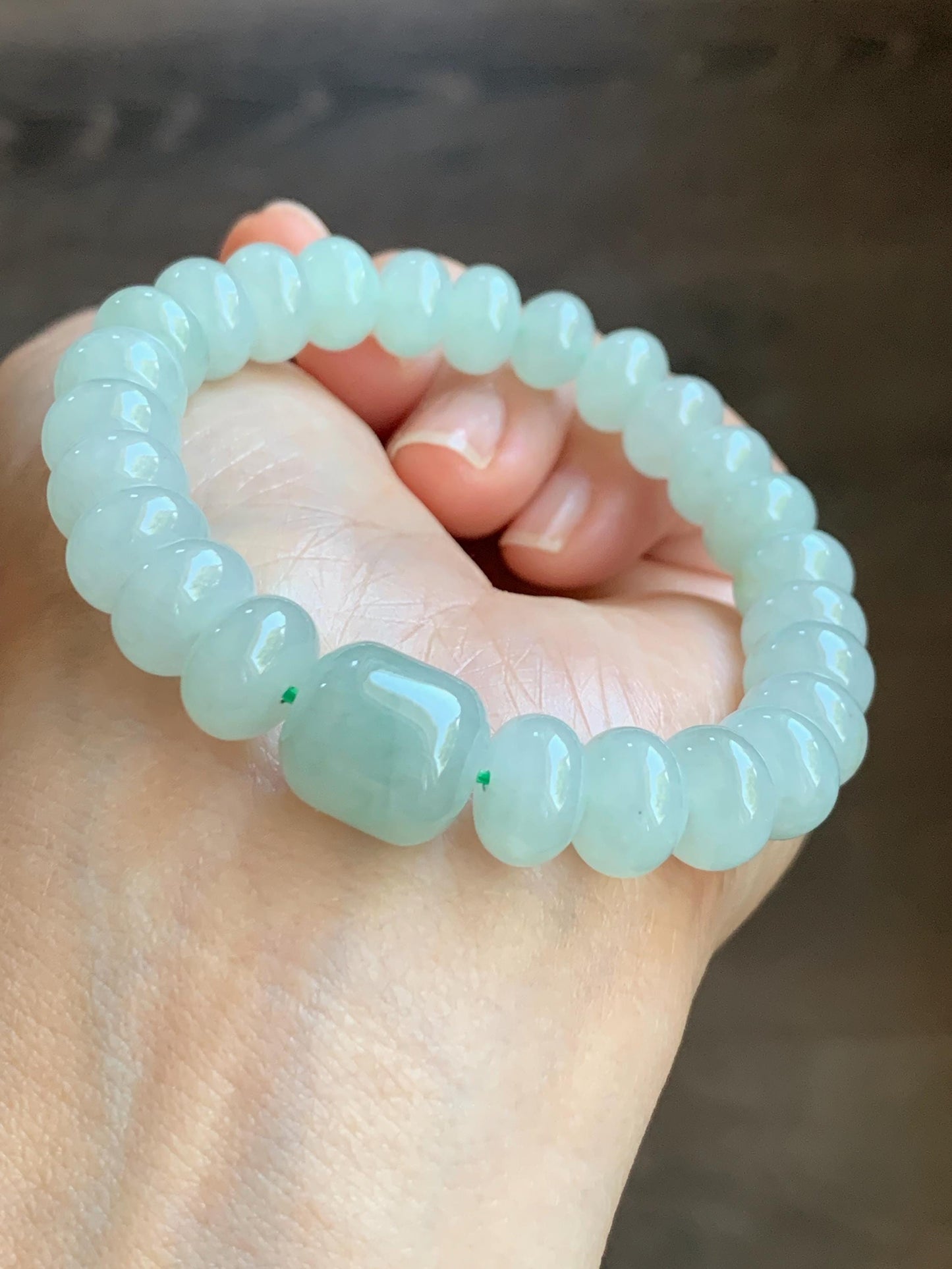 Natural Burmese Icy Translucent Gelatinous Pastel Light Green Large Drum Beads & Barrel Bead Beaded Bracelet 6.5” 32g 天然缅甸晴底翡翠鼓珠手串 DQM617