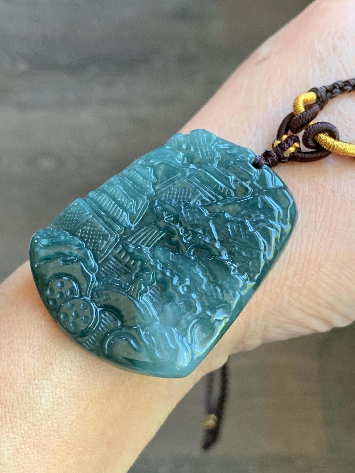 Natural Guatemalan Icy Translucent Dark Teal Blue Jadeite Carved Shan Shui Landscape Pendant Rope Necklace 26” 23g Adjustable 天然冰危深蓝翡翠山水牌吊坠