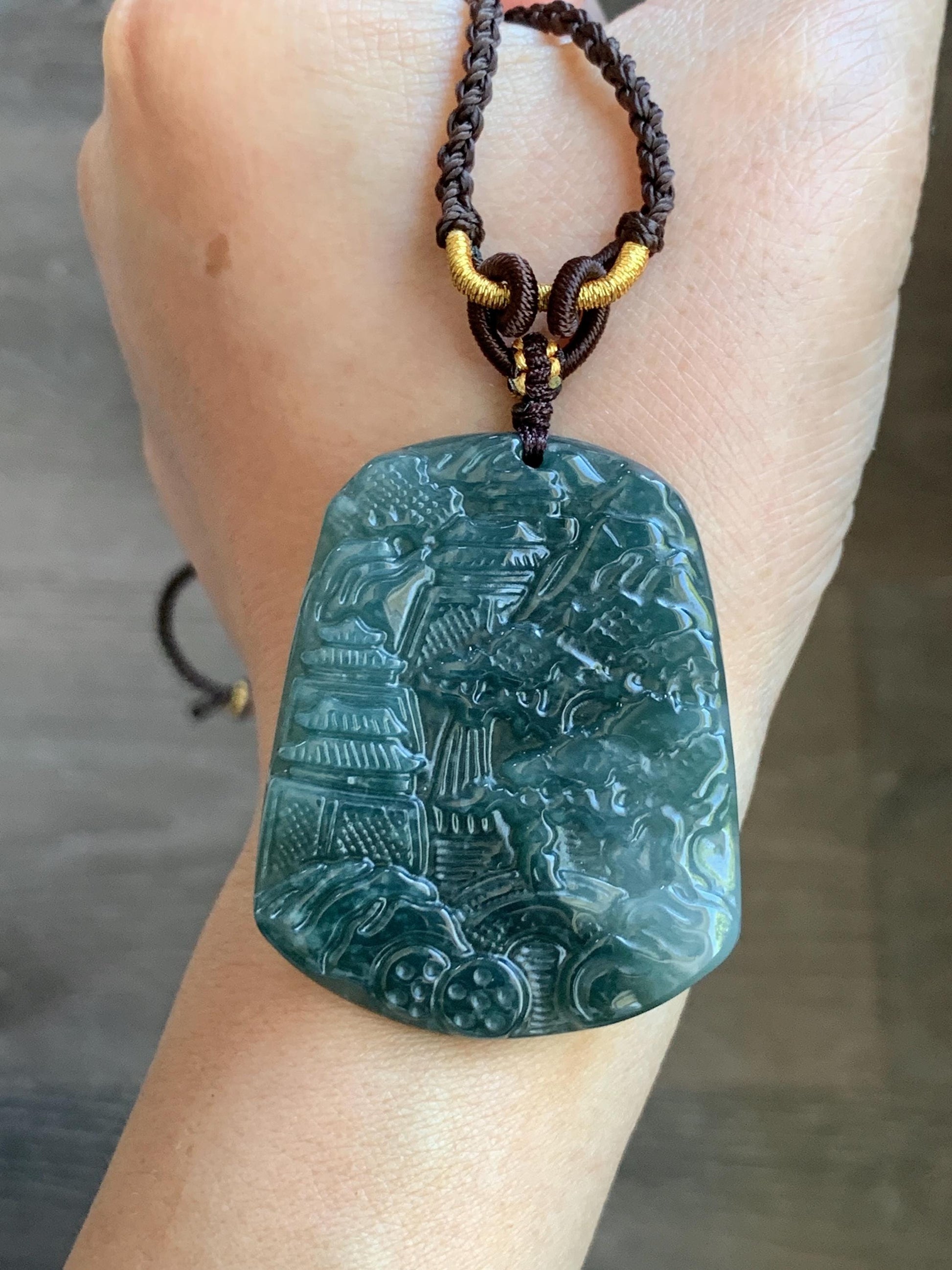 Natural Guatemalan Icy Translucent Dark Teal Blue Jadeite Carved Shan Shui Landscape Pendant Rope Necklace 26” 23g Adjustable 天然冰危深蓝翡翠山水牌吊坠