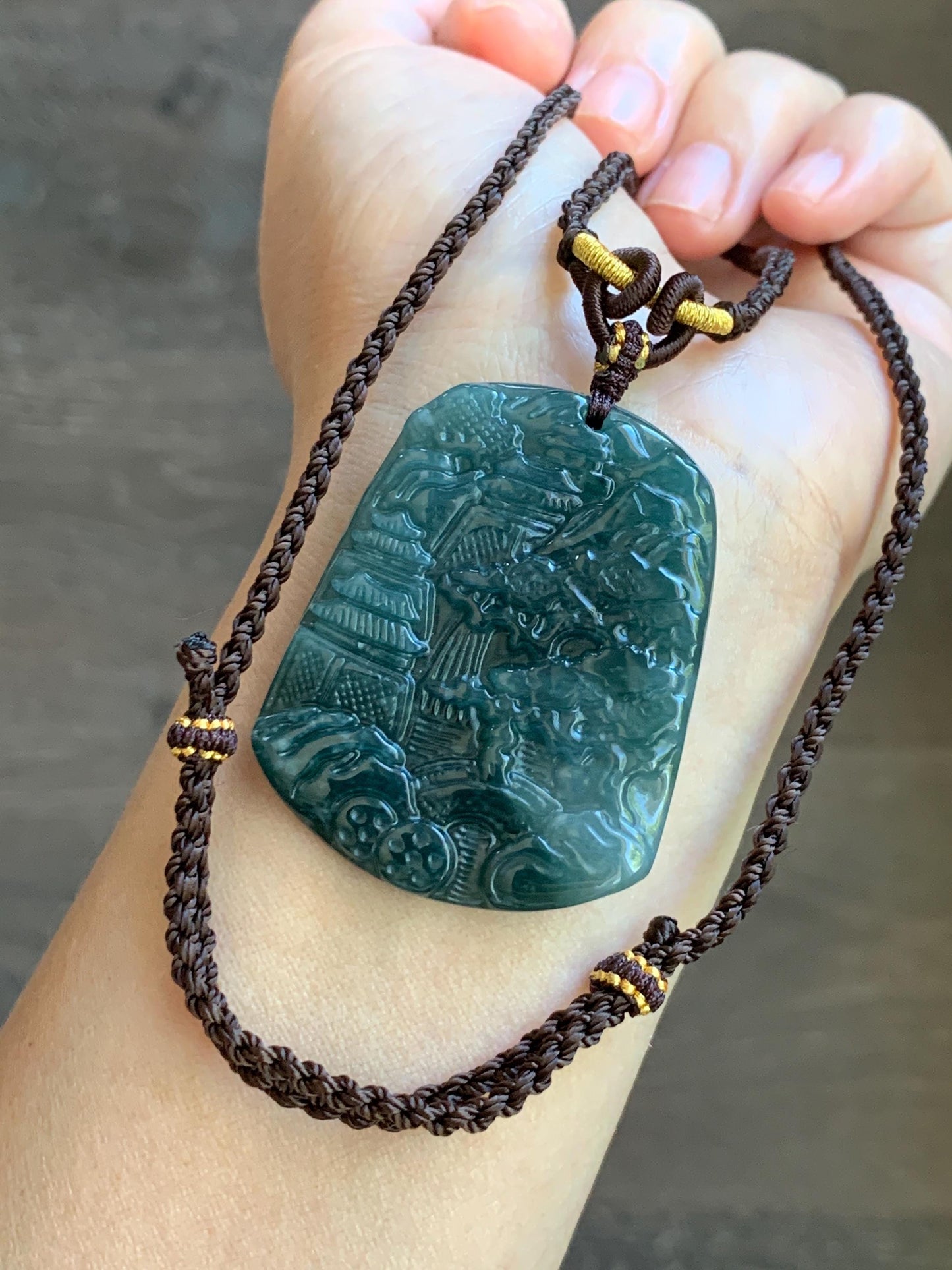 Natural Guatemalan Icy Translucent Dark Teal Blue Jadeite Carved Shan Shui Landscape Pendant Rope Necklace 26” 23g Adjustable 天然冰危深蓝翡翠山水牌吊坠