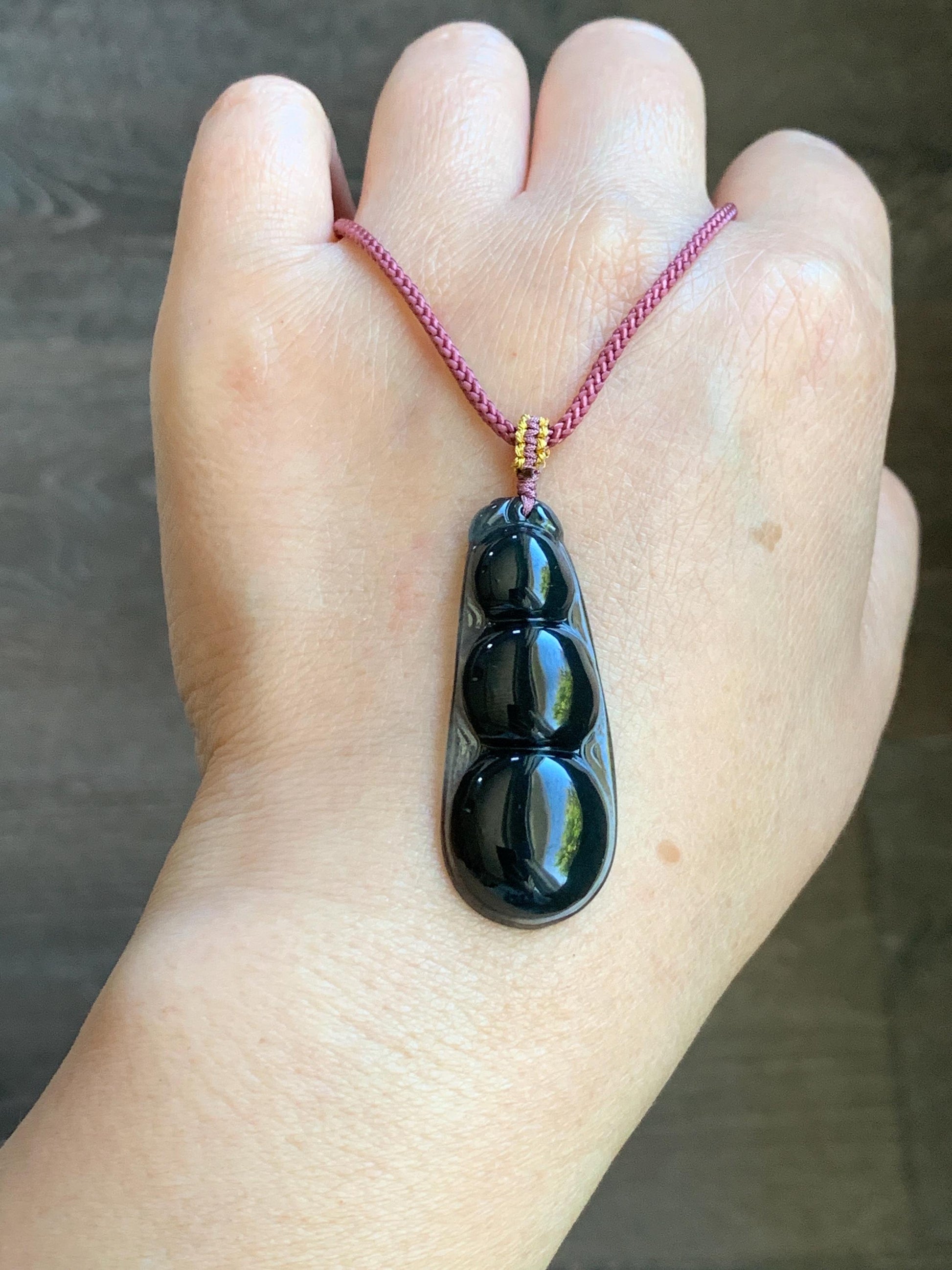 Natural Guatemalan Icy Translucent Dark Wuji Jadeite Large Peapod Pendant Rope Necklace 26” Adjustable 8g 天然冰危乌鸡翡翠福豆吊坠