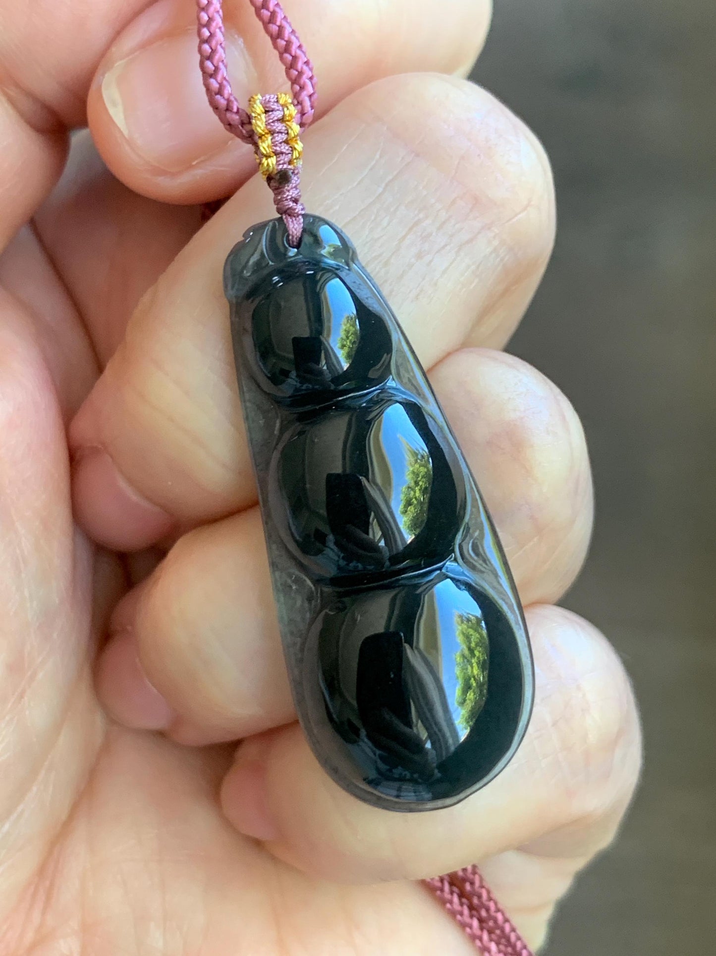 Natural Guatemalan Icy Translucent Dark Wuji Jadeite Large Peapod Pendant Rope Necklace 26” Adjustable 8g 天然冰危乌鸡翡翠福豆吊坠