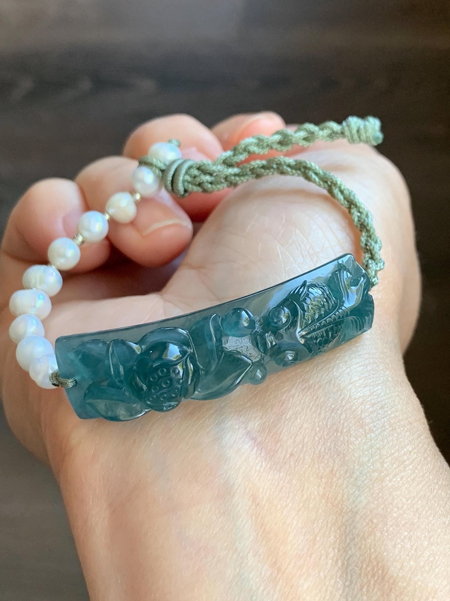 Natural Guatemalan Icy Highly Translucent Indigo Blue Jadeite Lotus Flower & Goldfish Freshwater Pearls Rope Bracelet 12g 天然冰危蓝翡翠莲花鱼手牌珍珠手绳