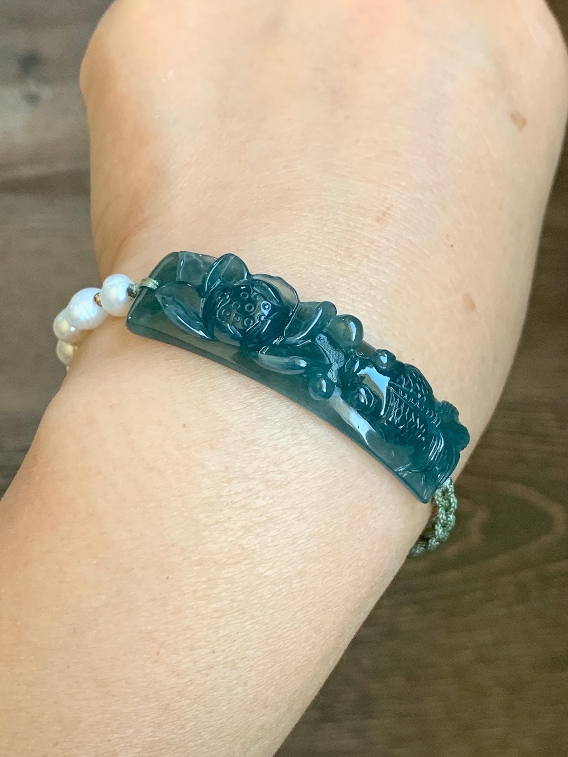 Natural Guatemalan Icy Highly Translucent Indigo Blue Jadeite Lotus Flower & Goldfish Freshwater Pearls Rope Bracelet 12g 天然冰危蓝翡翠莲花鱼手牌珍珠手绳