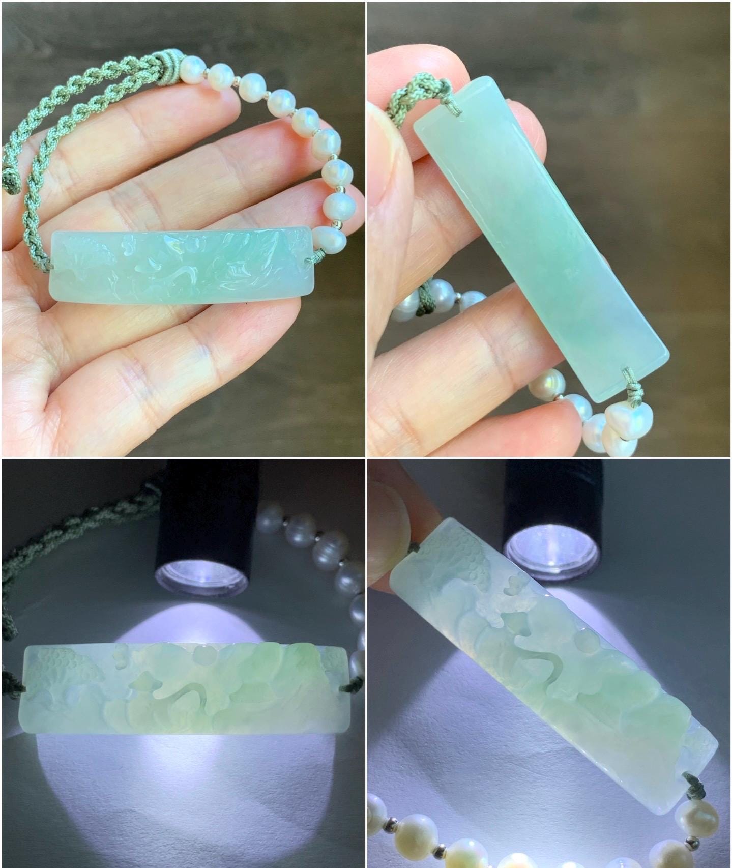 Natural Burmese Icy Translucent Light Green Jadeite Carved Shan Shui Landscape Cuff Freshwater Pearls Rope Bracelet 12g 天然缅甸糯冰晴色翡翠山水牌珍珠手绳