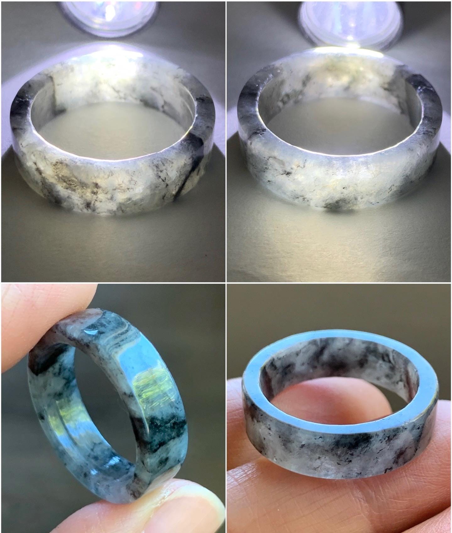 Natural Burmese Icy Translucent Wuji Marbled Jadeite Square Edged Band Ring Size 9.5 US 3g 天然缅甸冰胶乌鸡翡翠方条戒圈 DWJ522