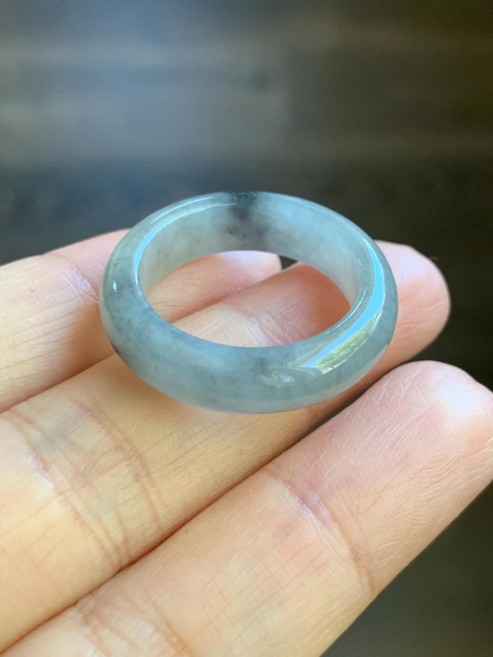 Natural Burmese Icy Translucent Gelatinous Light Gray Wuji Marbled Jadeite Band Ring Size 9.75 5g 天然缅甸冰胶淡乌鸡翡翠戒圈 DWJ529