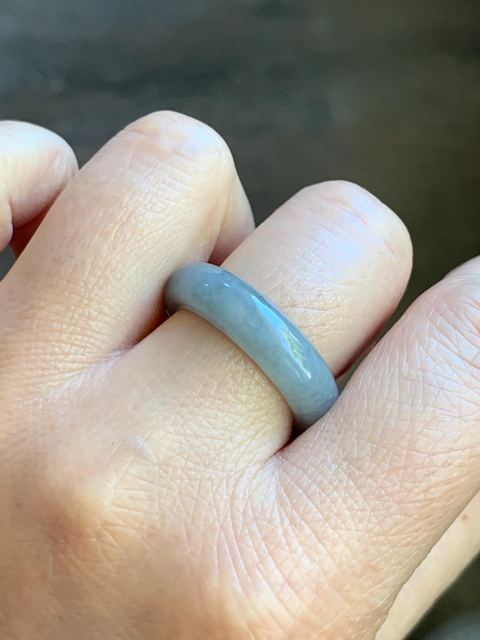 Natural Burmese Icy Translucent Gelatinous Light Gray Wuji Marbled Jadeite Band Ring Size 9.75 5g 天然缅甸冰胶淡乌鸡翡翠戒圈 DWJ529