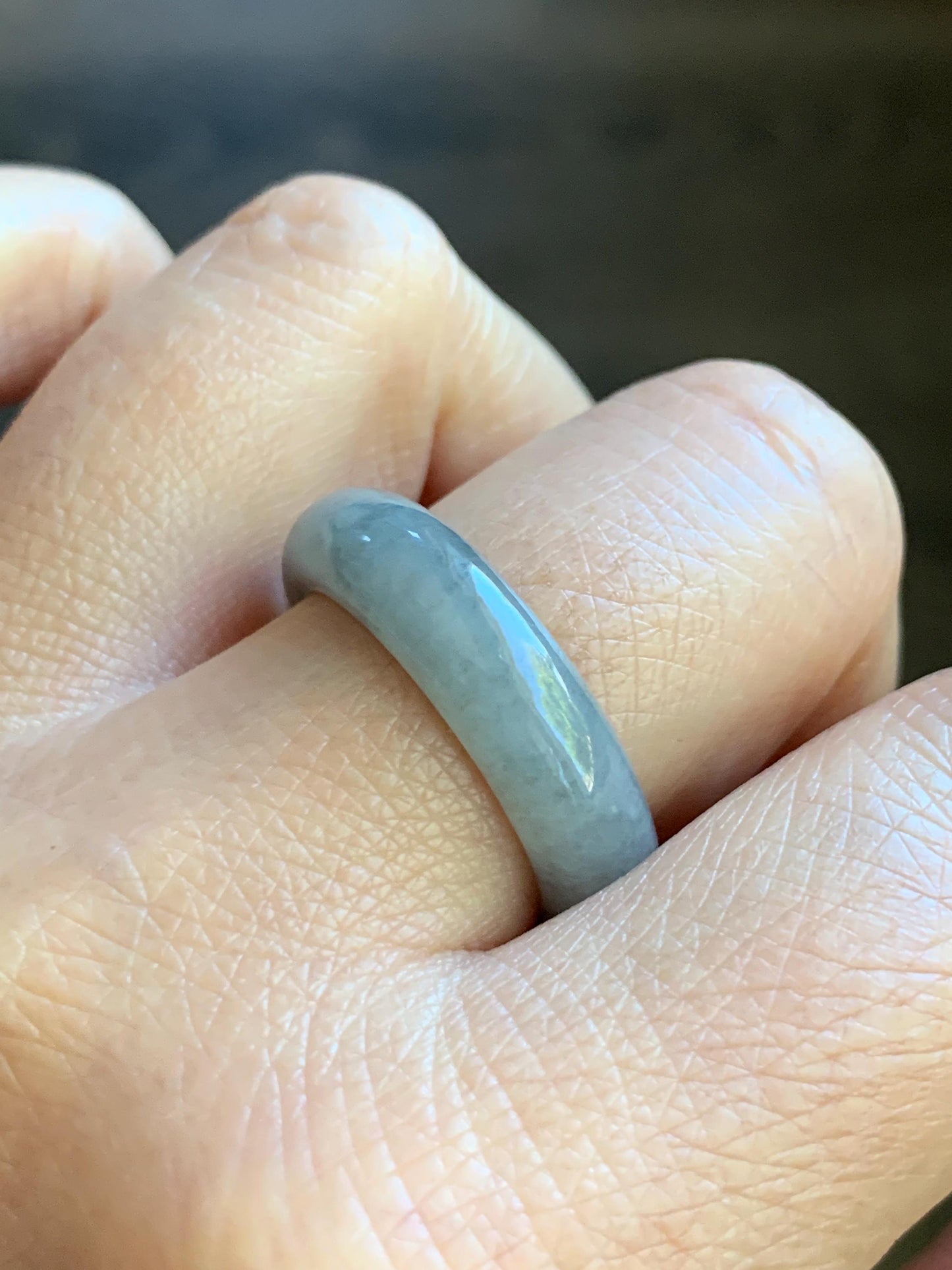 Natural Burmese Icy Translucent Gelatinous Light Gray Wuji Marbled Jadeite Band Ring Size 9.75 5g 天然缅甸冰胶淡乌鸡翡翠戒圈 DWJ529