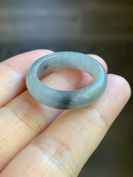 Natural Burmese Icy Translucent Gelatinous Light Gray Wuji Marbled Jadeite Band Ring Size 9.75 5g 天然缅甸冰胶淡乌鸡翡翠戒圈 DWJ529