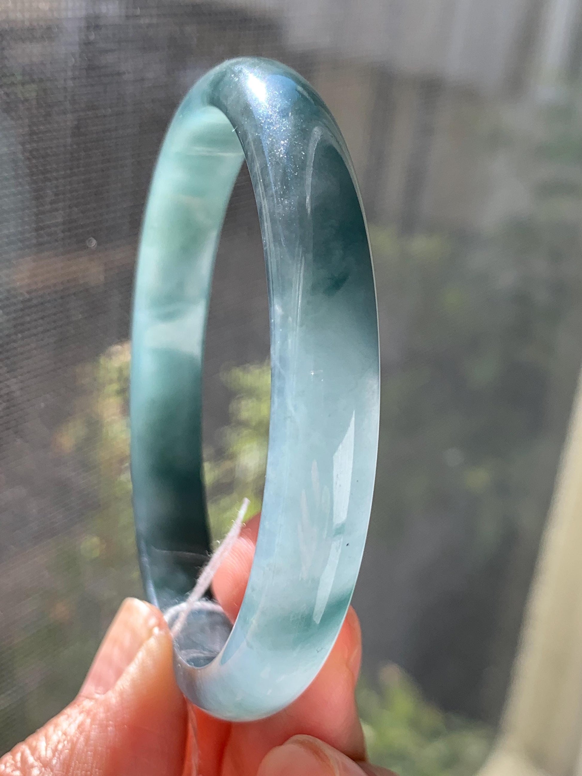 Certified Natural Guatemalan Icy Translucent Dusty Teal Blue Jadeite Bangle Bracelet 59.5 mm 7.35” 32.16g 天然冰危蓝水飘花翡翠正圈手镯 6903