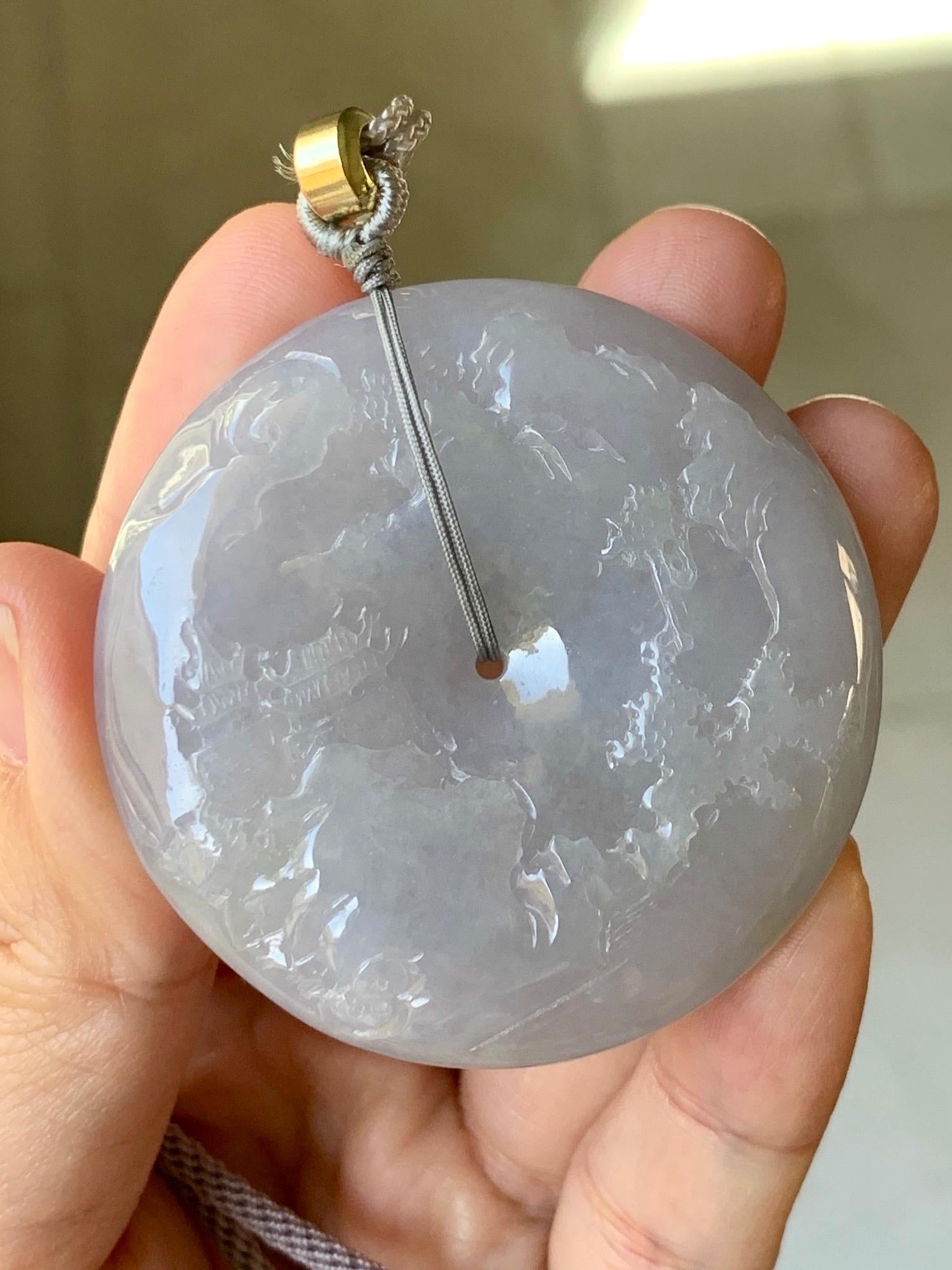 Certified Natural Burmese Icy Light Purple Jadeite Engraved Shan Shui Ping An Kou Donut Pendant Rope Necklace 28” 天然缅甸冰淡紫翡翠山水平安扣吊坠项链 6933