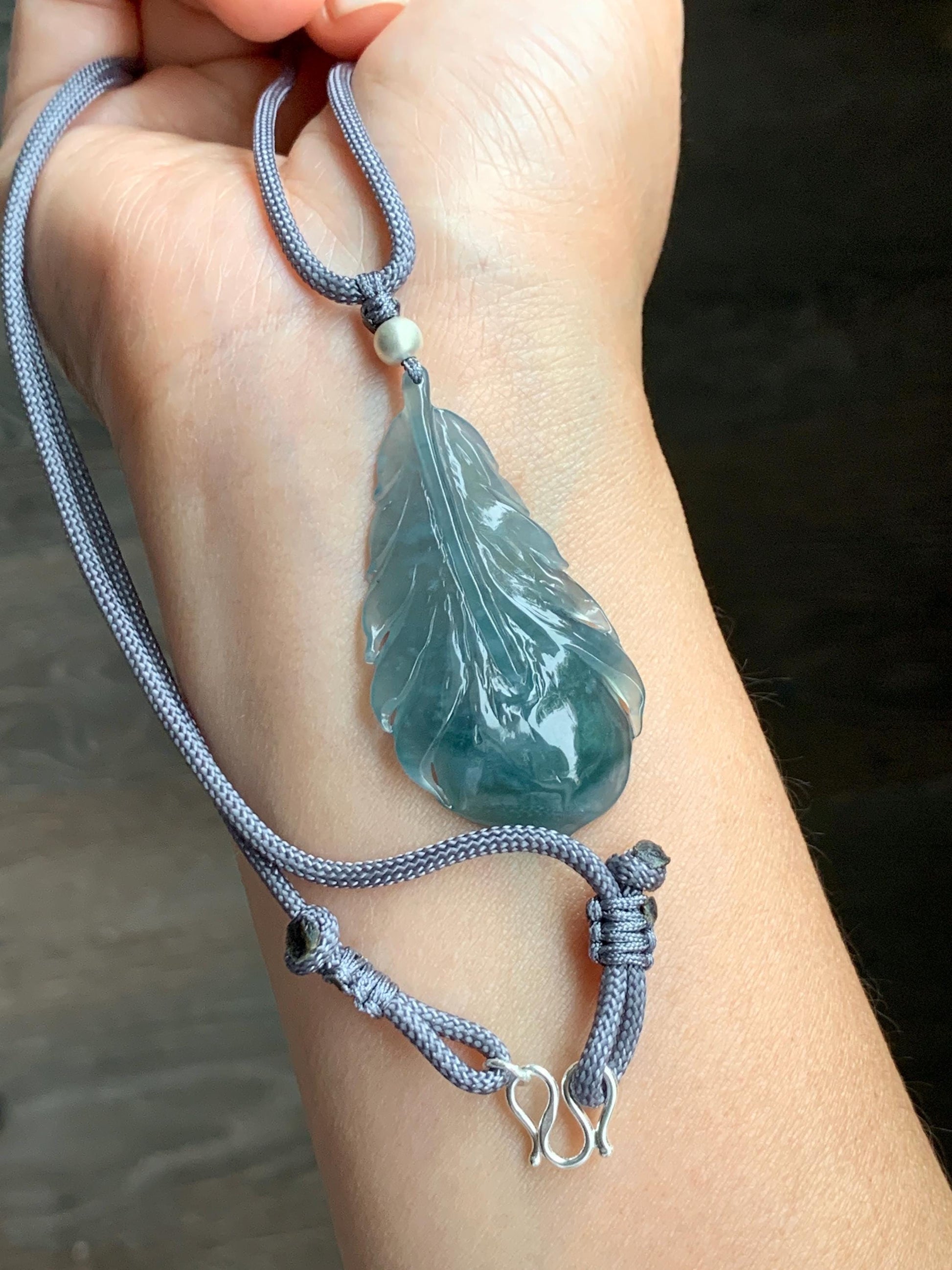 Natural Guatemalan Icy Highly Translucent Gelatinous Teal Blue Jadeite Carved Feather Pendant Rope Necklace 25" Sterling Silver 天然冰胶危蓝翡翠羽毛吊坠