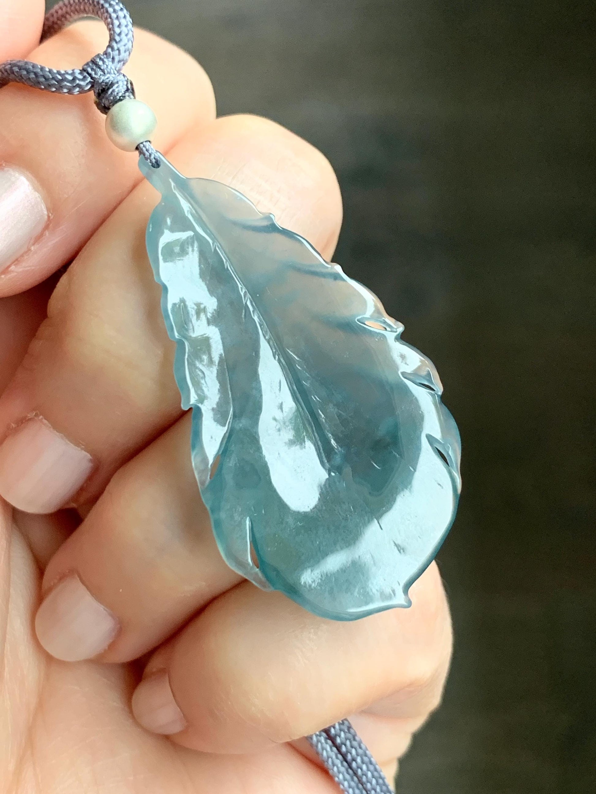 Natural Guatemalan Icy Highly Translucent Gelatinous Teal Blue Jadeite Carved Feather Pendant Rope Necklace 25" Sterling Silver 天然冰胶危蓝翡翠羽毛吊坠