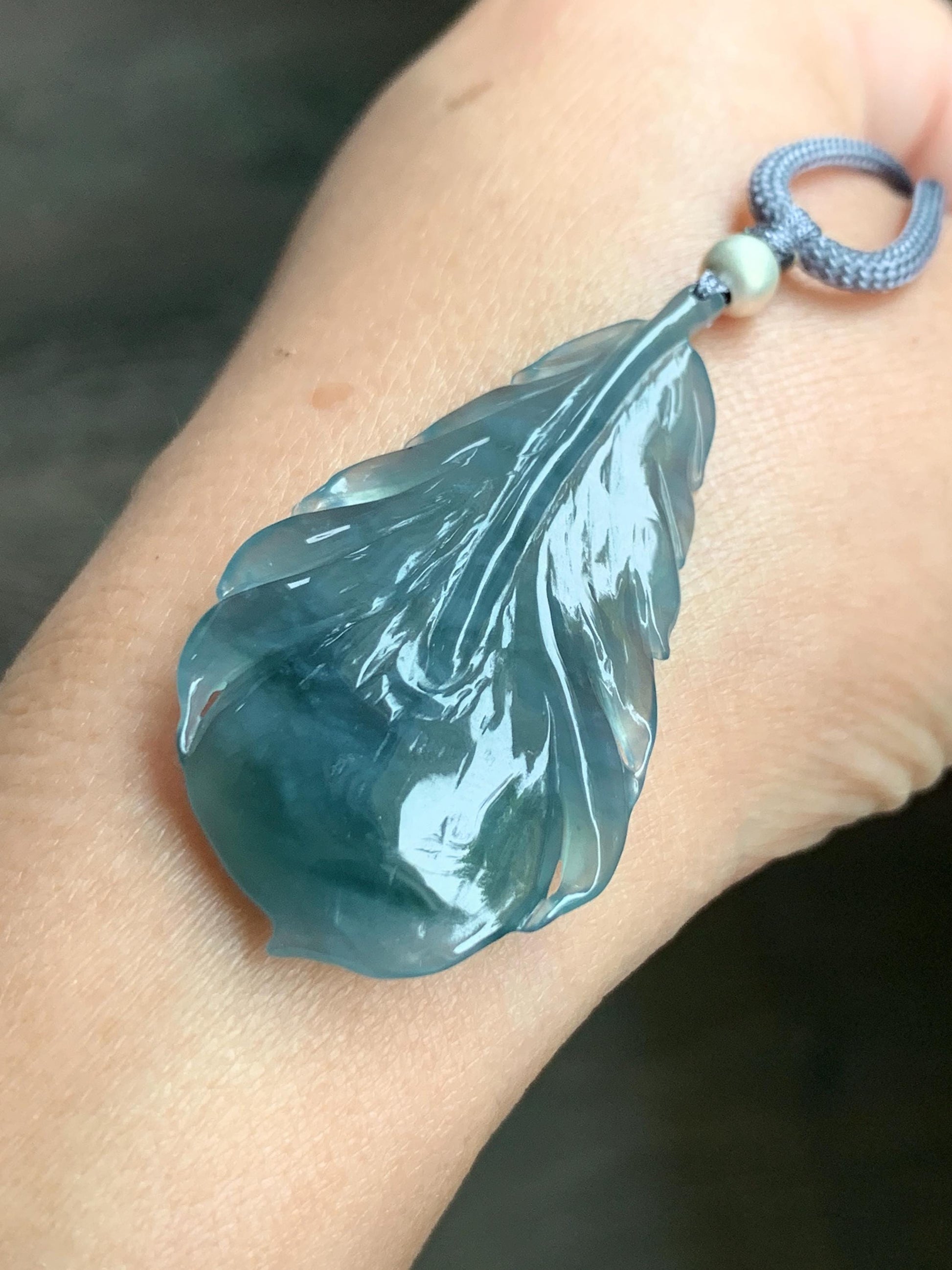 Natural Guatemalan Icy Highly Translucent Gelatinous Teal Blue Jadeite Carved Feather Pendant Rope Necklace 25" Sterling Silver 天然冰胶危蓝翡翠羽毛吊坠