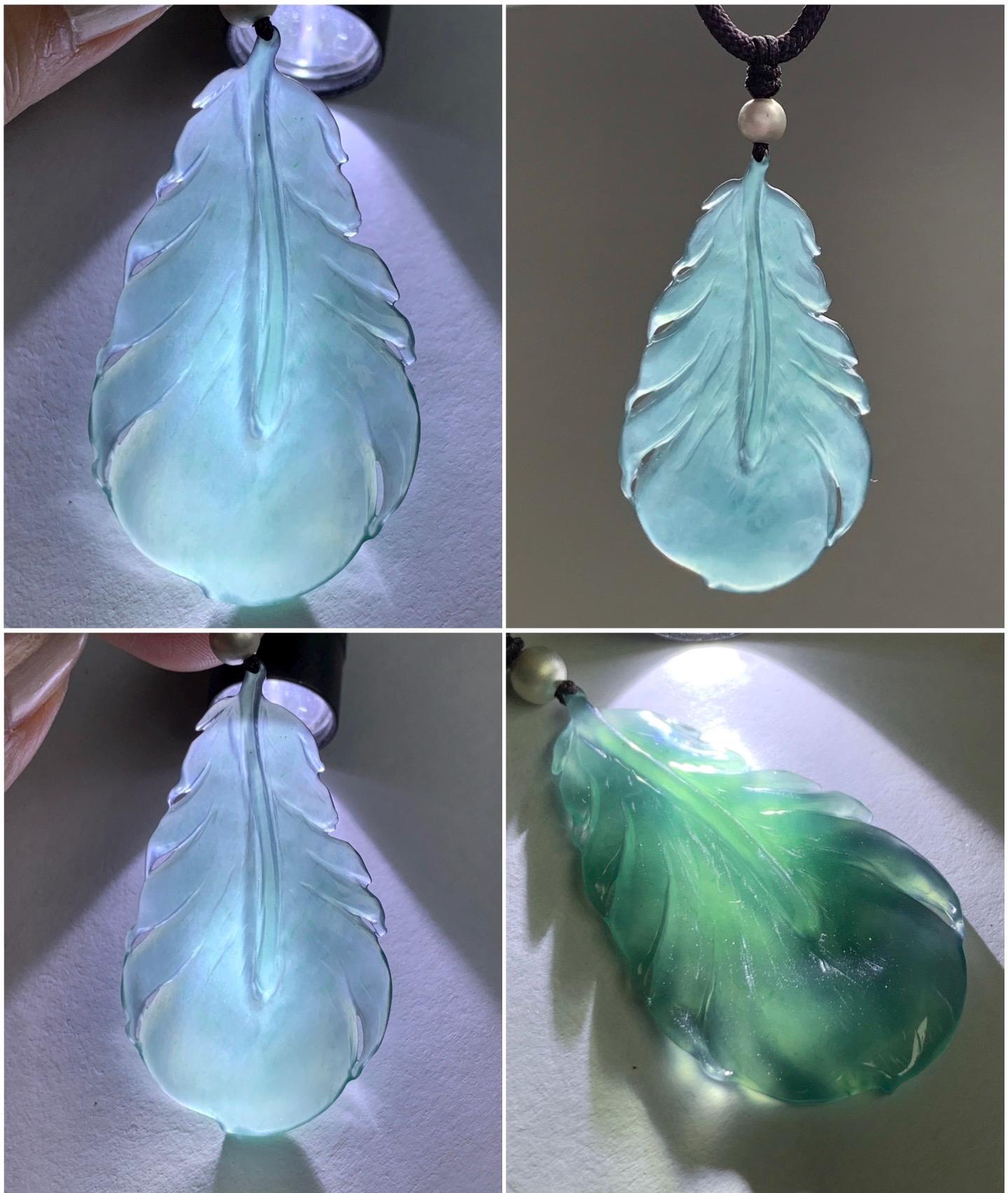 Natural Guatemalan Icy Highly Translucent Gelatinous Teal Green Jadeite Feather Pendant Rope Necklace 24" Sterling Silver 天然冰胶危湖水绿翡翠羽毛吊坠