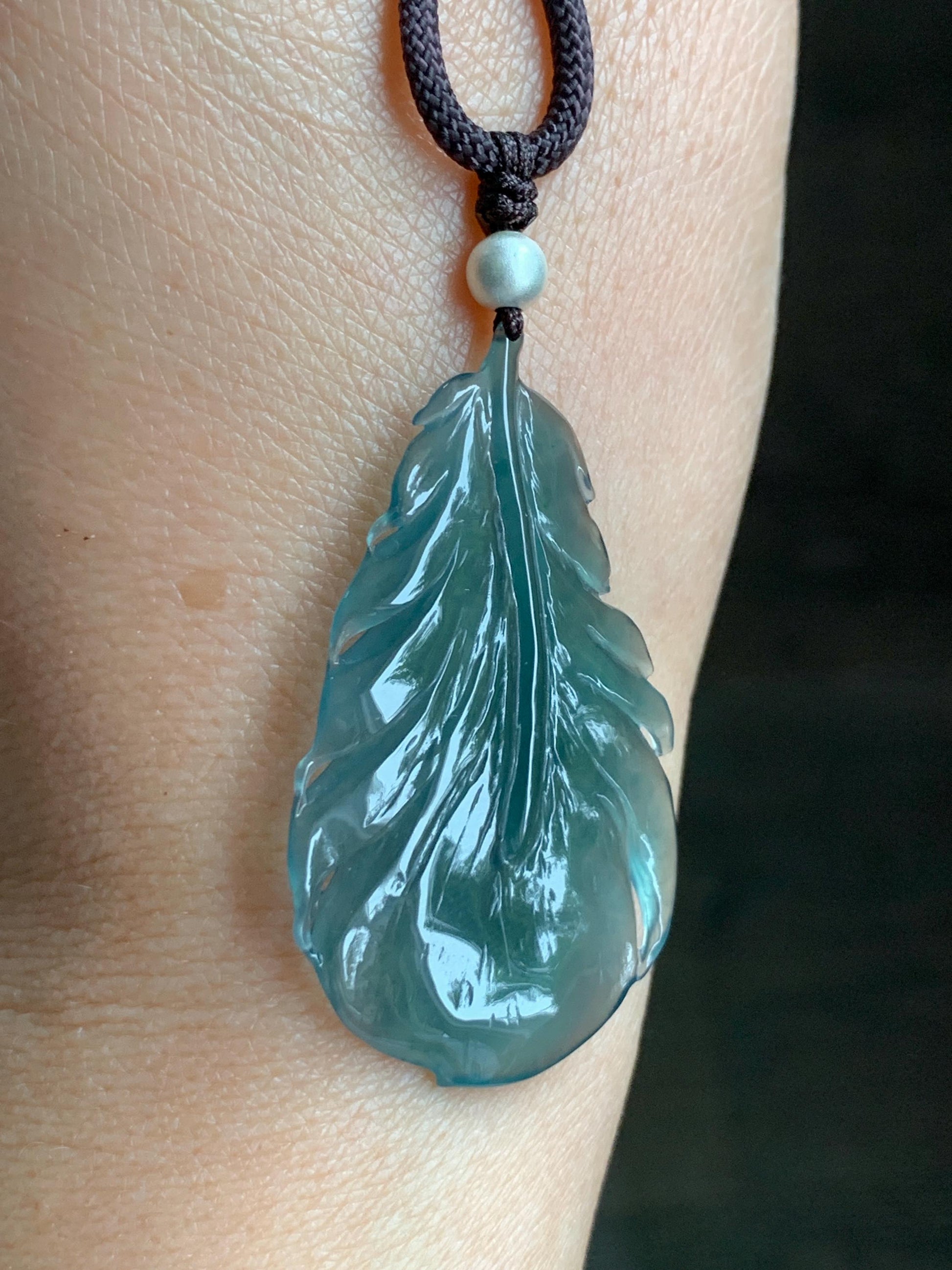 Natural Guatemalan Icy Highly Translucent Gelatinous Teal Green Jadeite Feather Pendant Rope Necklace 24" Sterling Silver 天然冰胶危湖水绿翡翠羽毛吊坠