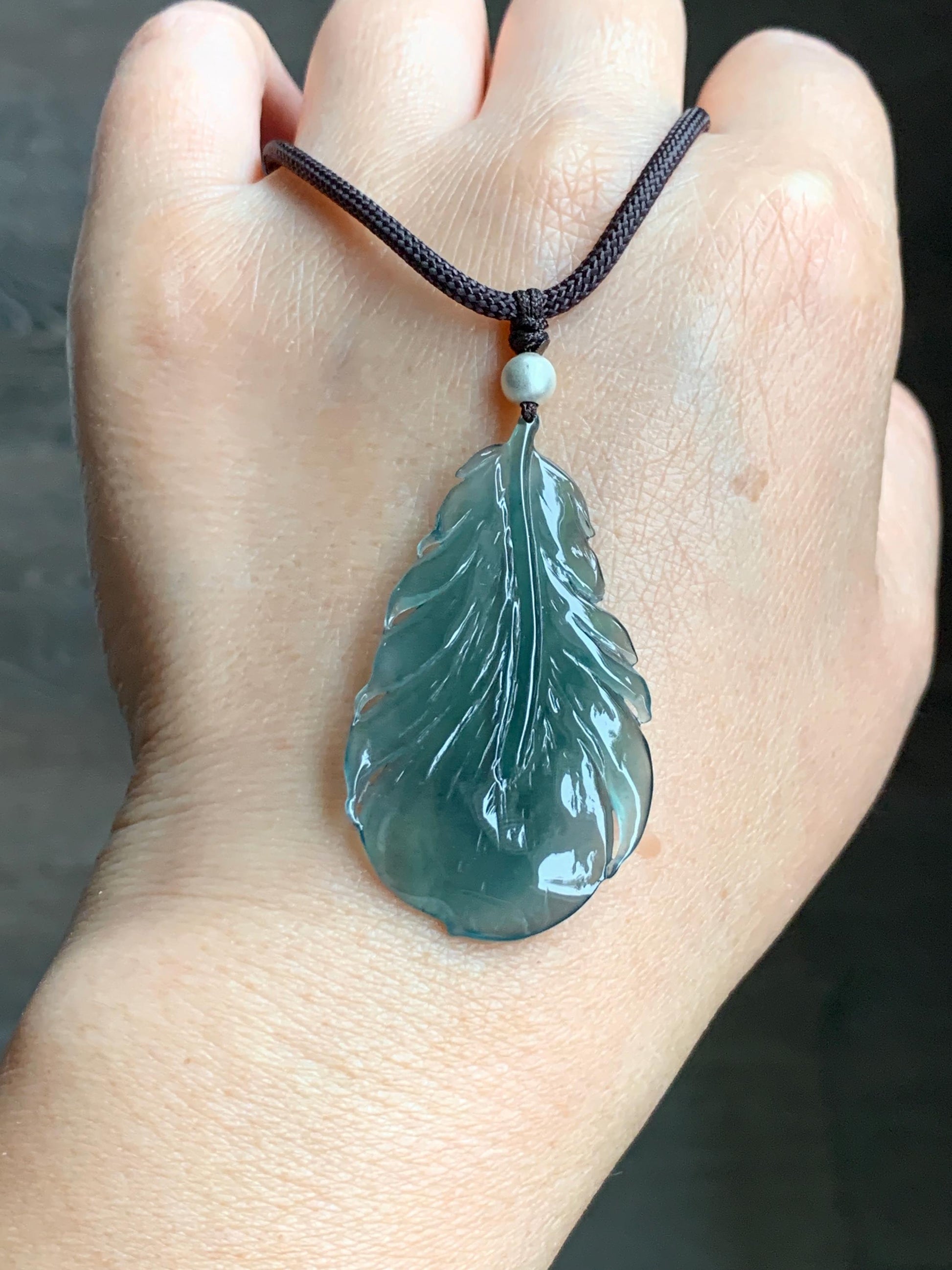 Natural Guatemalan Icy Highly Translucent Gelatinous Teal Green Jadeite Feather Pendant Rope Necklace 24" Sterling Silver 天然冰胶危湖水绿翡翠羽毛吊坠