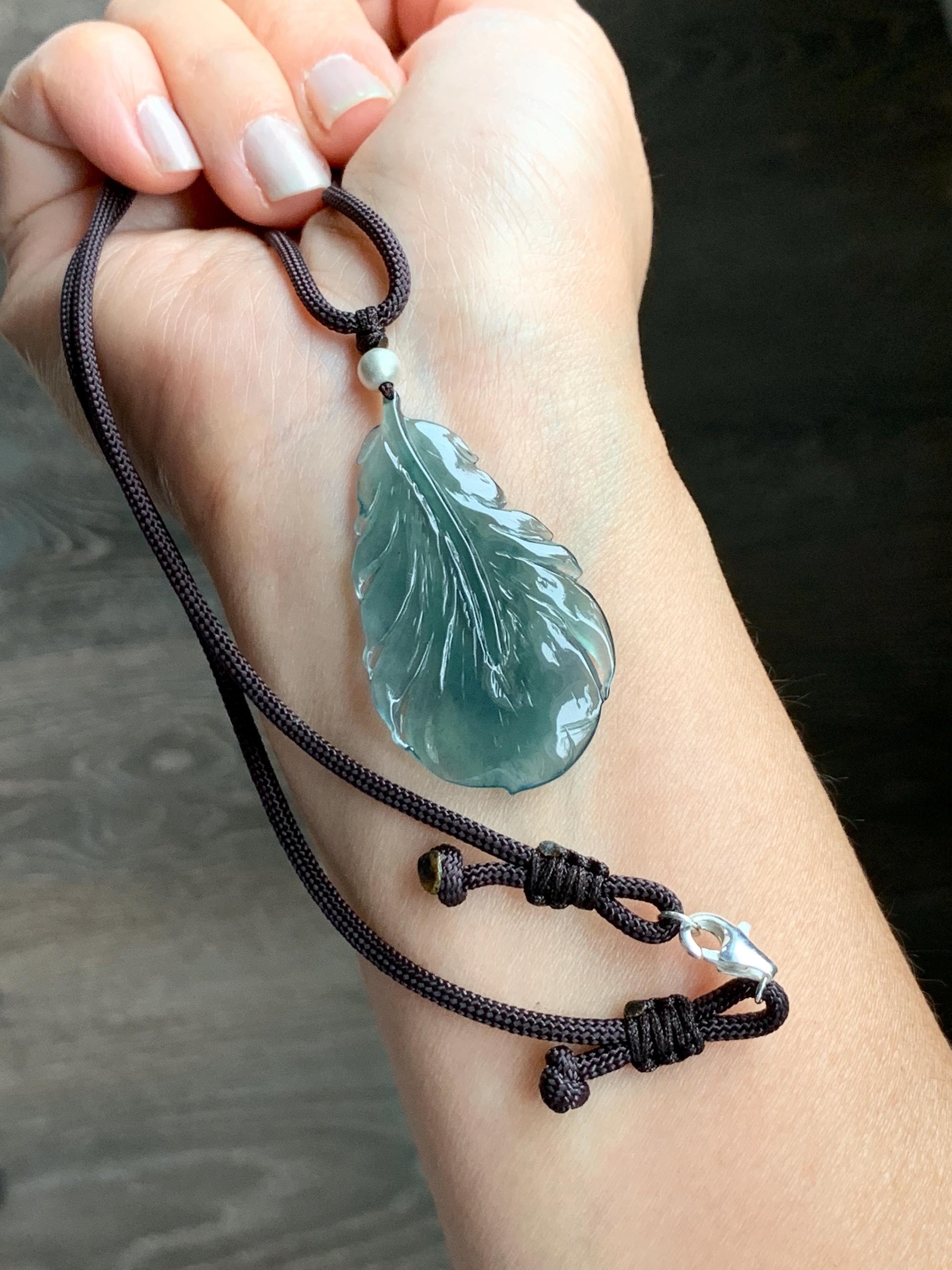 Natural Guatemalan Icy Highly Translucent Gelatinous Teal Green Jadeite Feather Pendant Rope Necklace 24" Sterling Silver 天然冰胶危湖水绿翡翠羽毛吊坠