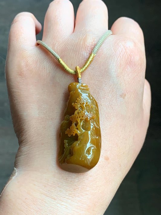 Certified Natural Guatemalan Icy Translucent Intense Rich Yellow Jadeite Shan Shui Landscape Pendant Rope Necklace 32” 天然冰危鸡油黄翡翠山水牌吊坠 6917