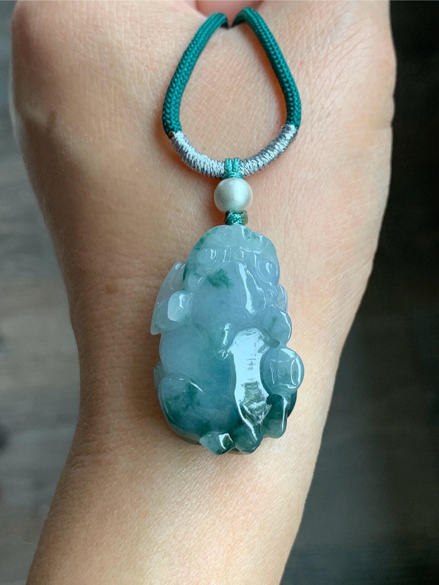 Natural Burmese Icy Translucent Gelatinous Teal Green Marbled Jadeite Pixiu Pendant Rope Necklace Sterling Silver 16g 天然缅甸冰胶飘花翡翠貔貅吊坠