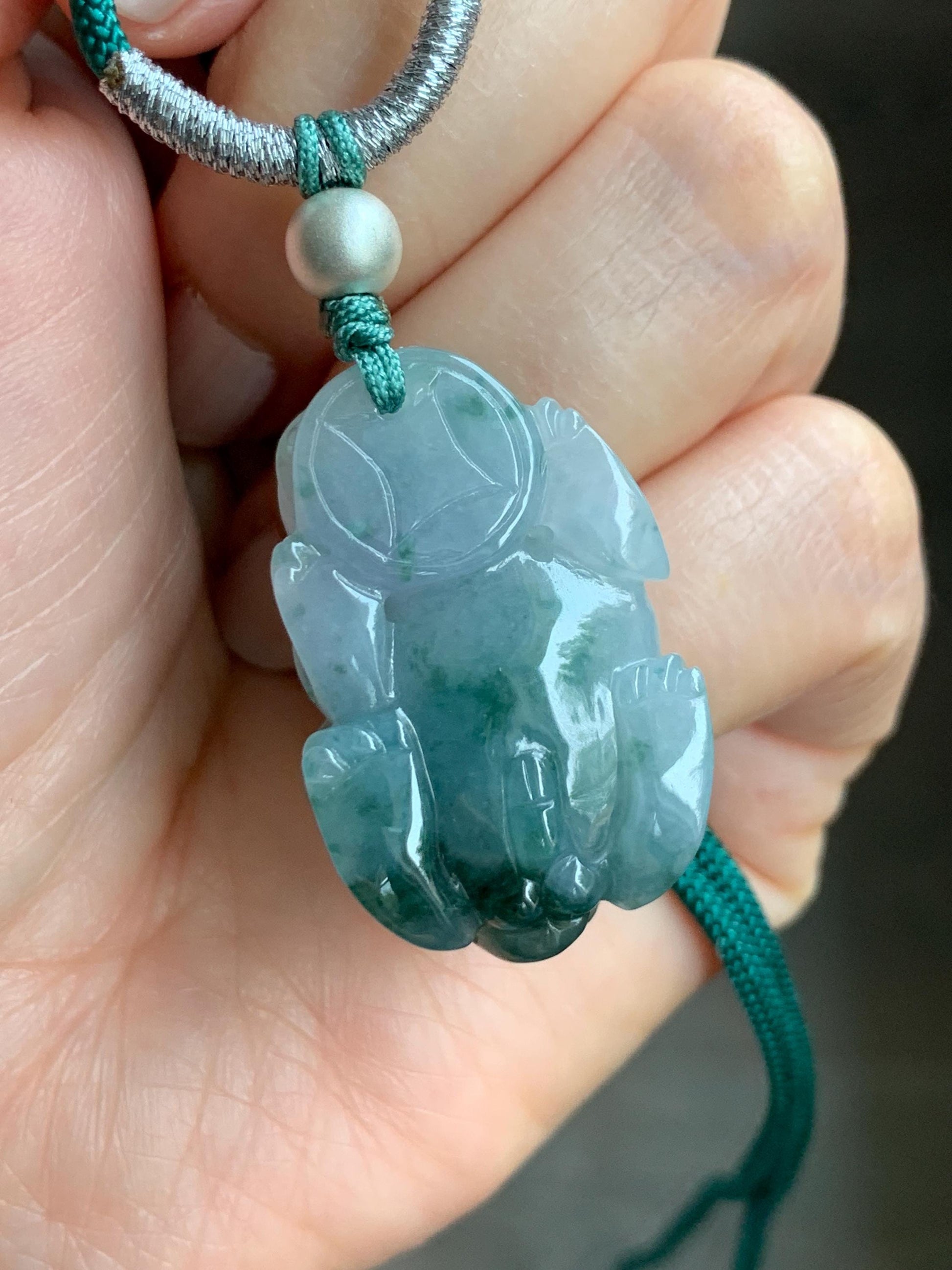 Natural Burmese Icy Translucent Gelatinous Teal Green Marbled Jadeite Pixiu Pendant Rope Necklace Sterling Silver 16g 天然缅甸冰胶飘花翡翠貔貅吊坠