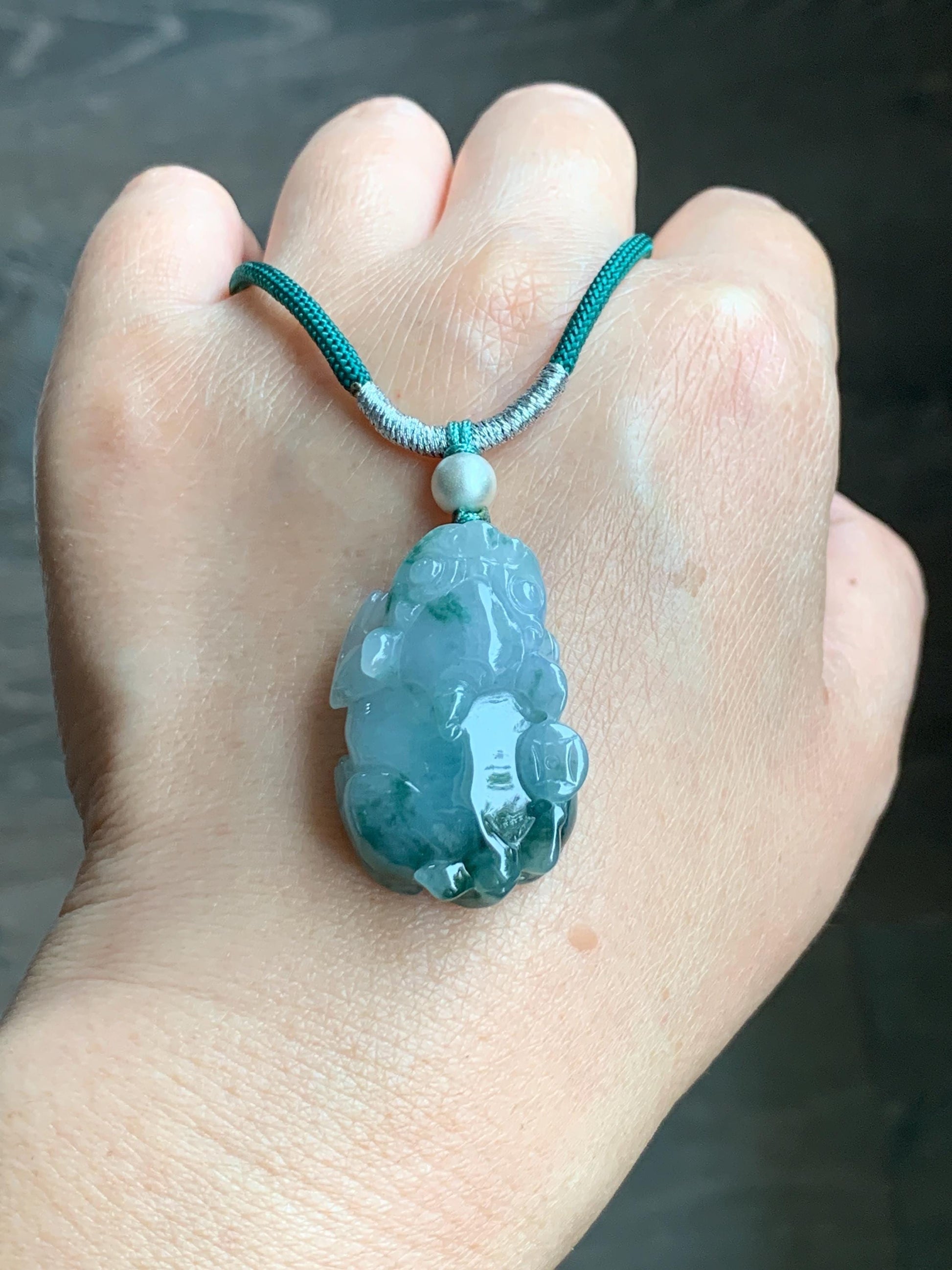 Natural Burmese Icy Translucent Gelatinous Teal Green Marbled Jadeite Pixiu Pendant Rope Necklace Sterling Silver 16g 天然缅甸冰胶飘花翡翠貔貅吊坠