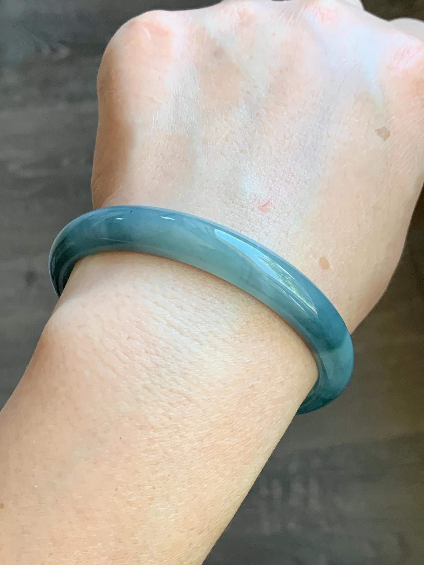 Certified Natural Guatemalan Icy Translucent Dusty Blue Dark Teal Blue Marbled Jadeite Bangle Bracelet 59.5mm 7.25” 33g 天然冰危蓝水飘花翡翠正圈手镯 6904