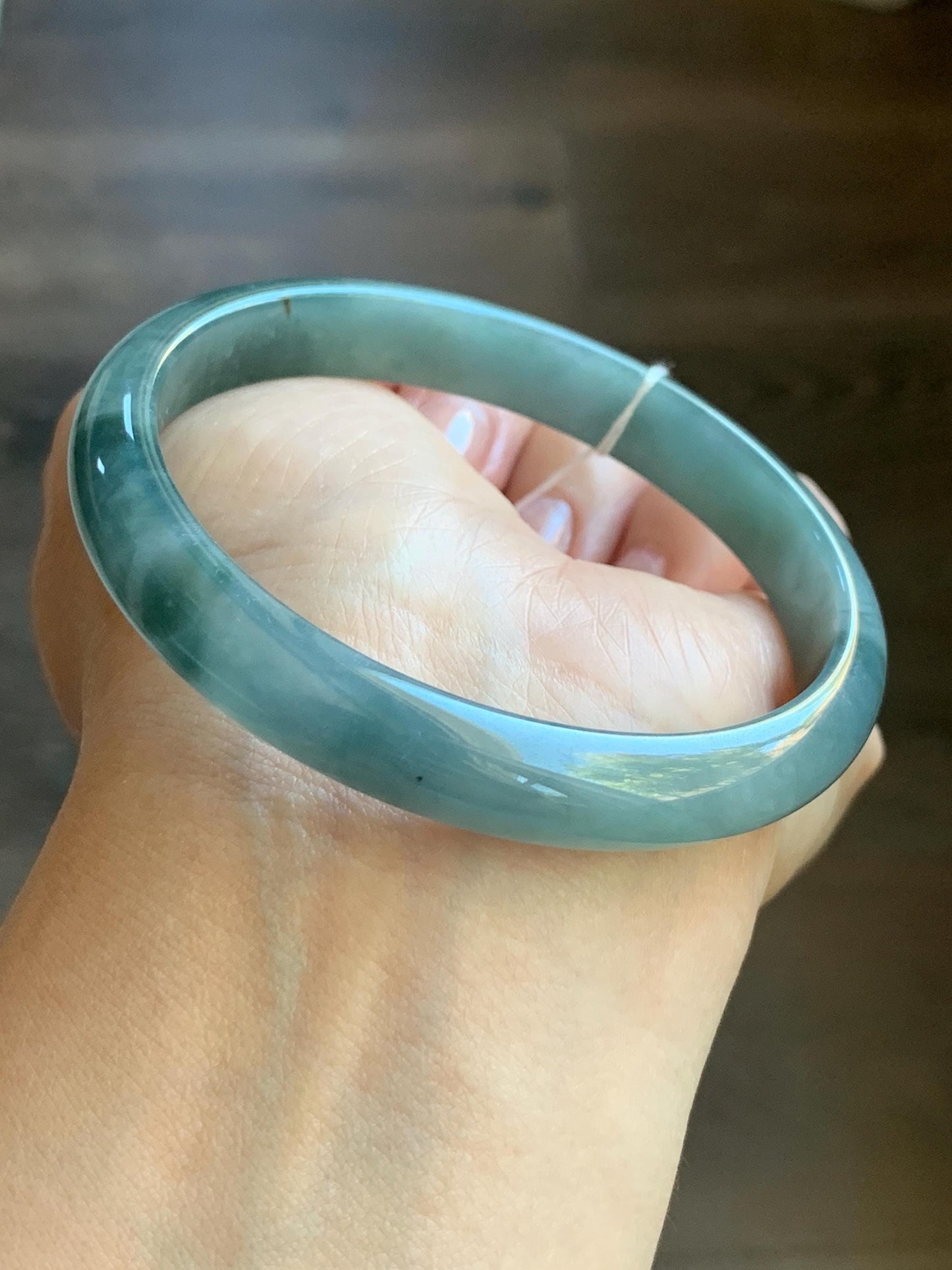 Certified Natural Guatemalan Icy Translucent Dusty Blue Dark Teal Blue Marbled Jadeite Bangle Bracelet 59.5mm 7.25” 33g 天然冰危蓝水飘花翡翠正圈手镯 6904