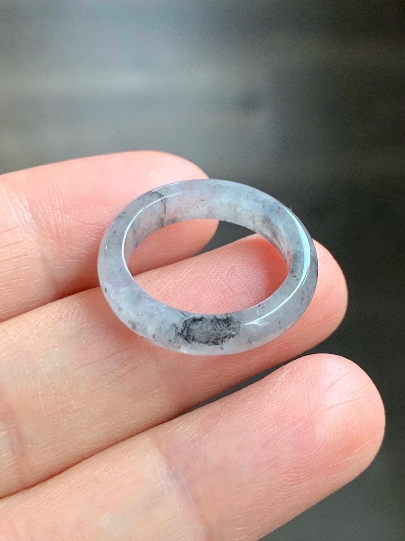 Natural Burmese Icy Highly Translucent Gelatinous Light Gray Wuji Marbled Jadeite Band Ring Size 6.75 天然缅甸冰胶淡乌鸡翡翠戒圈 XWJ60A