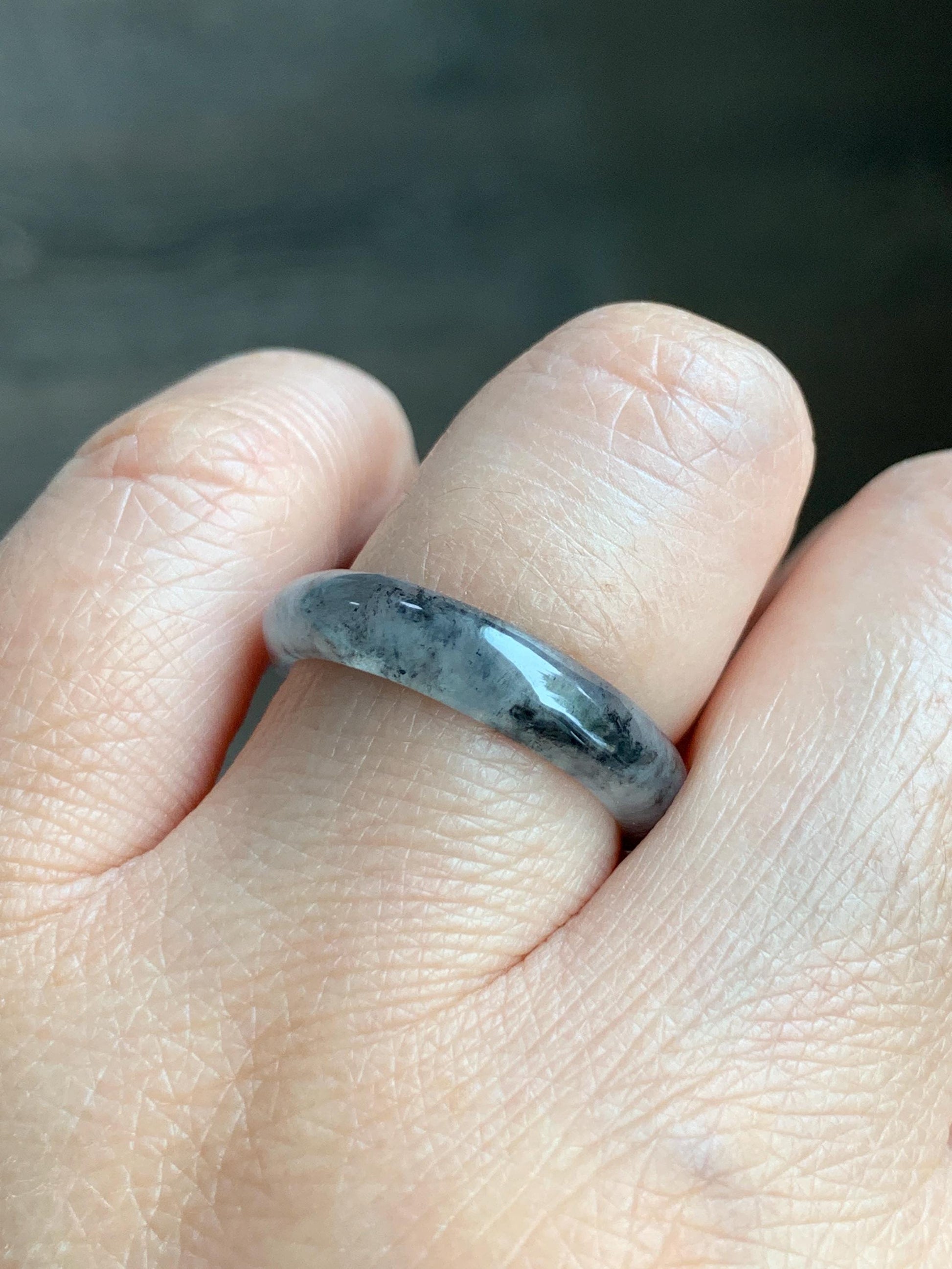 Natural Burmese Icy Highly Translucent Gelatinous Light Gray Wuji Marbled Jadeite Band Ring Size 8.25 天然缅甸冰胶淡乌鸡翡翠戒圈 XWJ60B