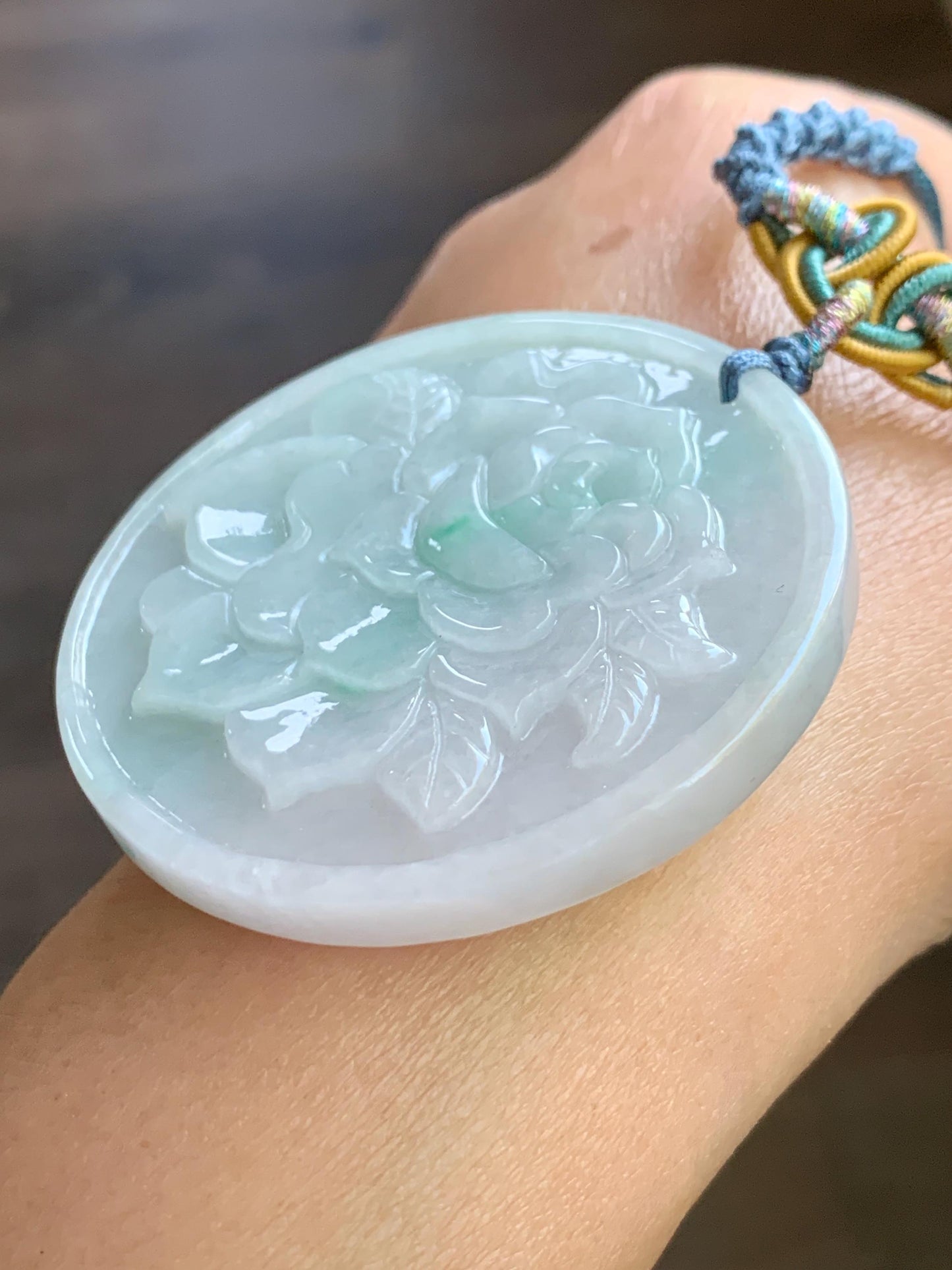 Natural Burmese Grade A Translucent Light Green & Green Marbled Jadeite Rose Flower Pendant Rope Necklace 26” 40g 天然缅甸糯冰晴飘花翡翠玫瑰花吊坠