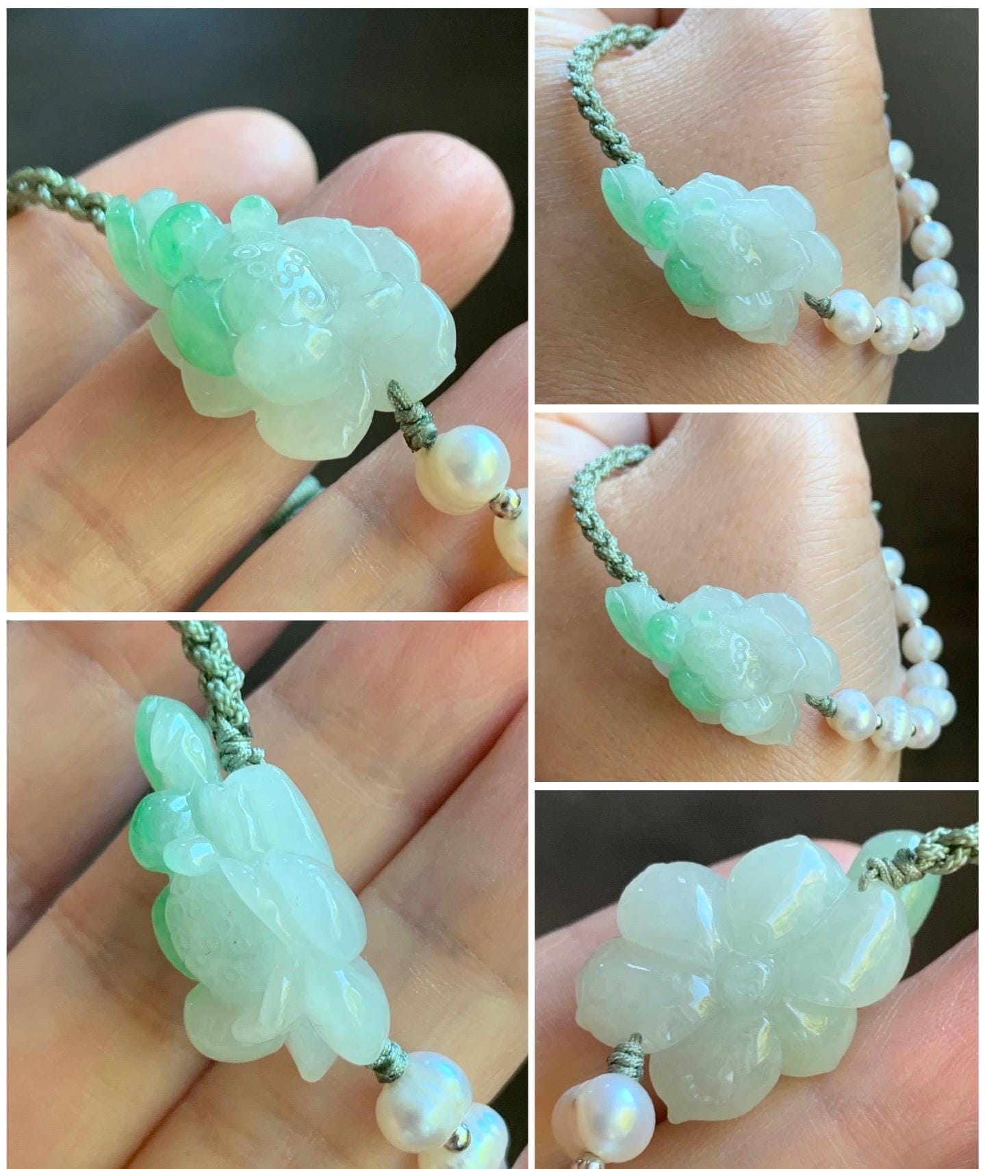 Certified Natural Burmese Icy Translucent White & Green Marbled Jadeite Lotus Flower Freshwater Pearls Rope Bracelet 6.5" 天然缅甸白冰飘绿花翡翠莲花珍珠手绳