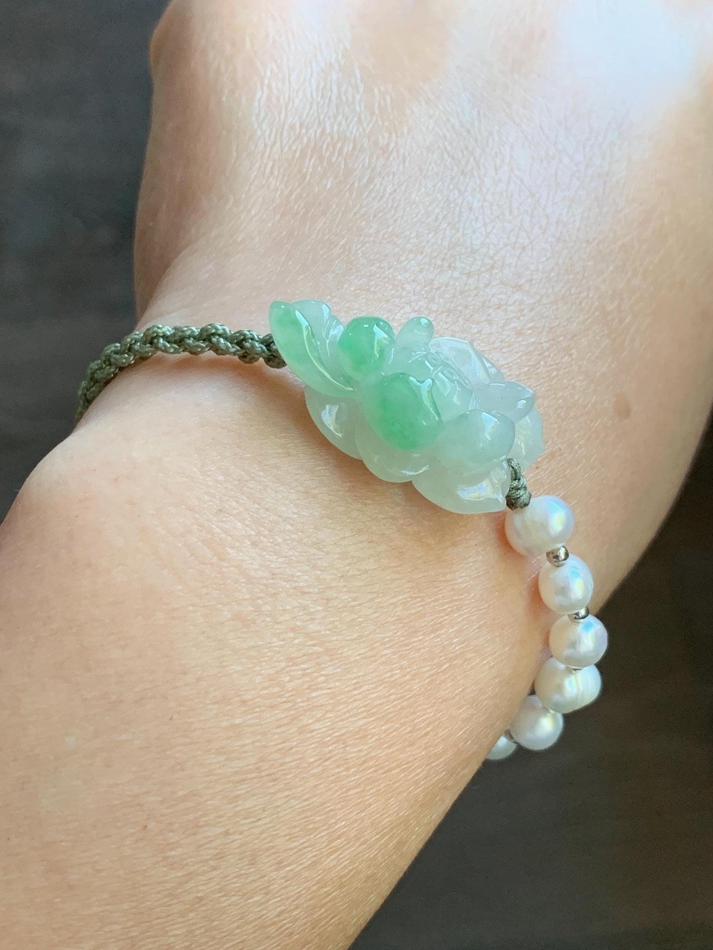 Certified Natural Burmese Icy Translucent White & Green Marbled Jadeite Lotus Flower Freshwater Pearls Rope Bracelet 6.5" 天然缅甸白冰飘绿花翡翠莲花珍珠手绳