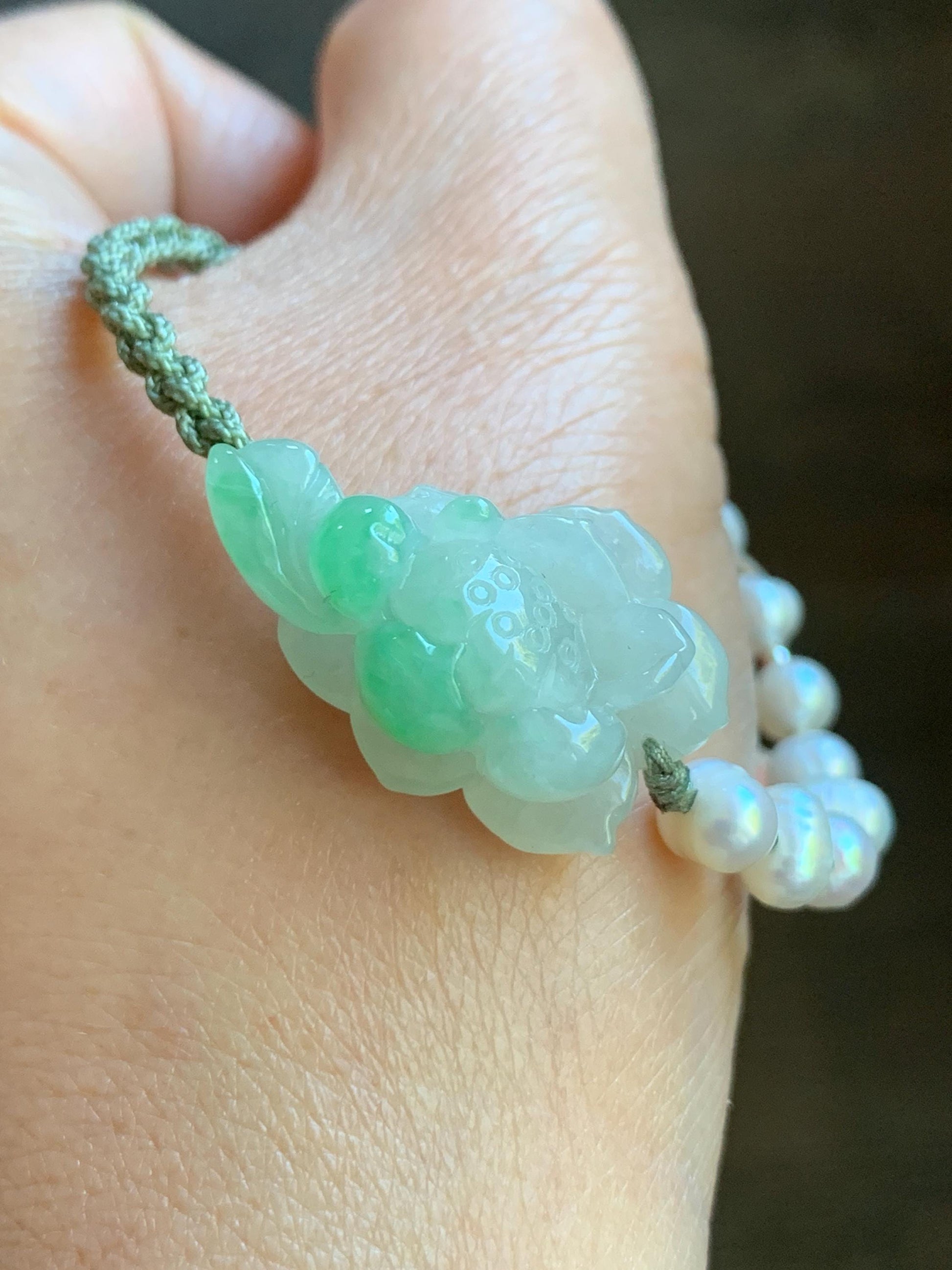 Certified Natural Burmese Icy Translucent White & Green Marbled Jadeite Lotus Flower Freshwater Pearls Rope Bracelet 6.5" 天然缅甸白冰飘绿花翡翠莲花珍珠手绳